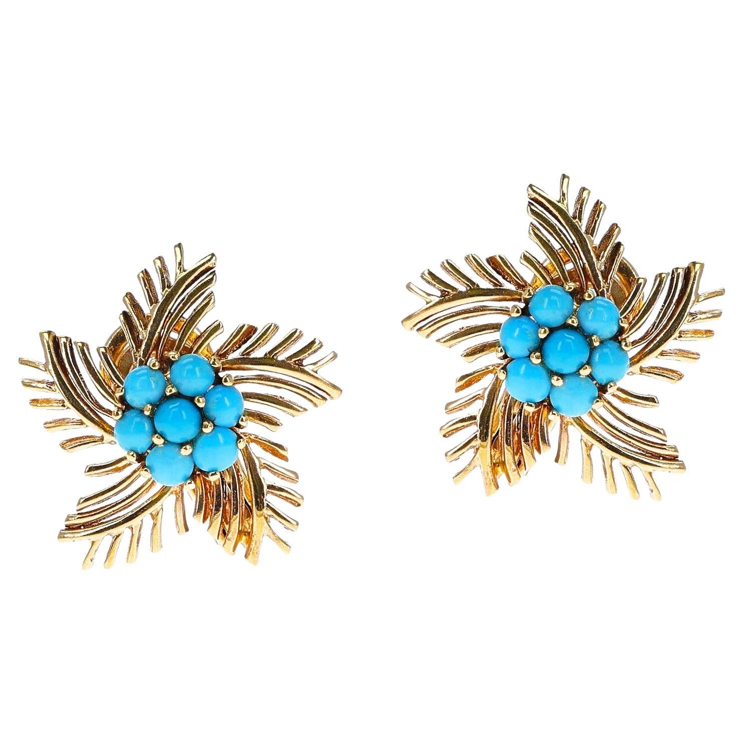 Turquoise Cabochon Star Earrings, 14k For Sale