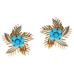 Retro Turquoise Cabochon Star Earrings, 14k