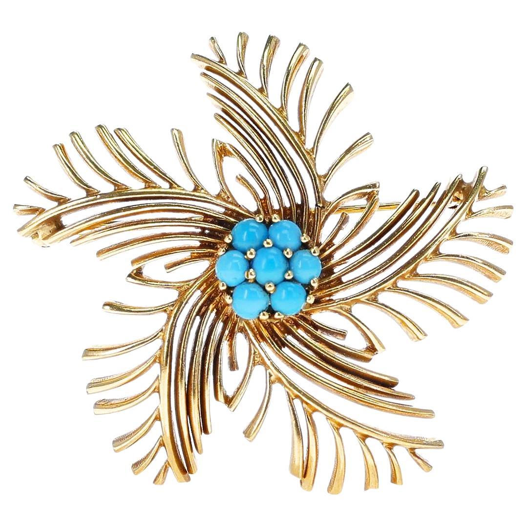 Turquoise Cabochon Star/Floral Brooch, 14k For Sale