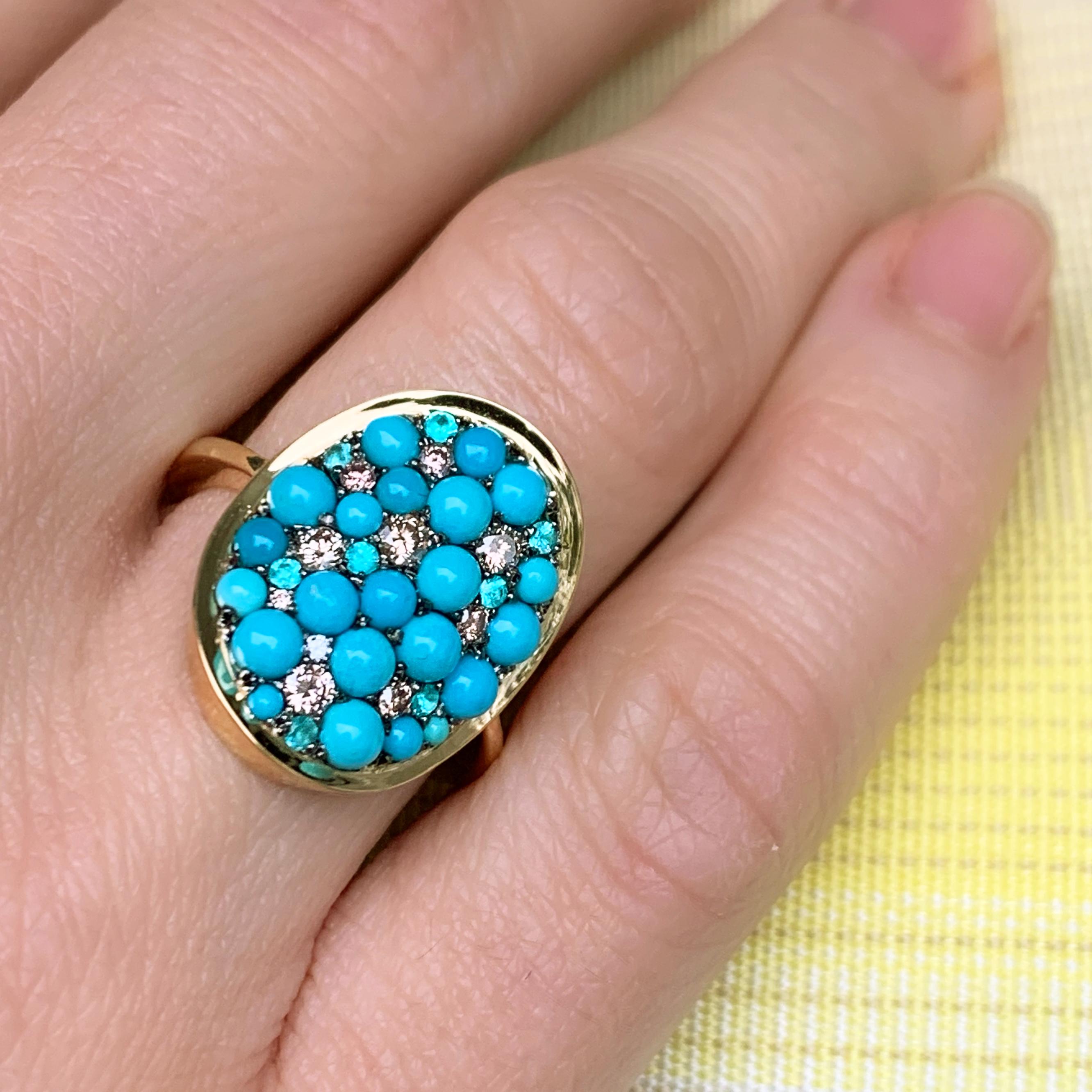 Turquoise Cabochons, Pink Diamond, Paraïba Tourmaline Pave Ring 5