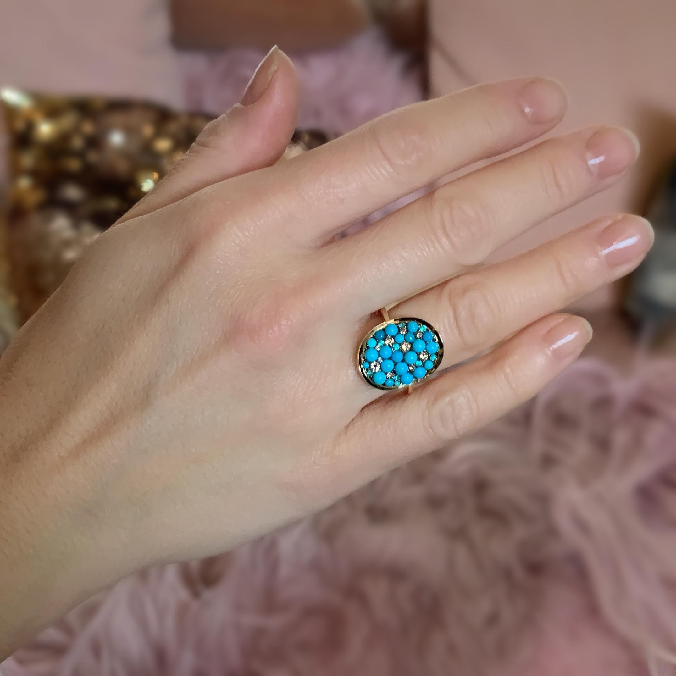 Turquoise Cabochons, Pink Diamond, Paraïba Tourmaline Pave Ring 11