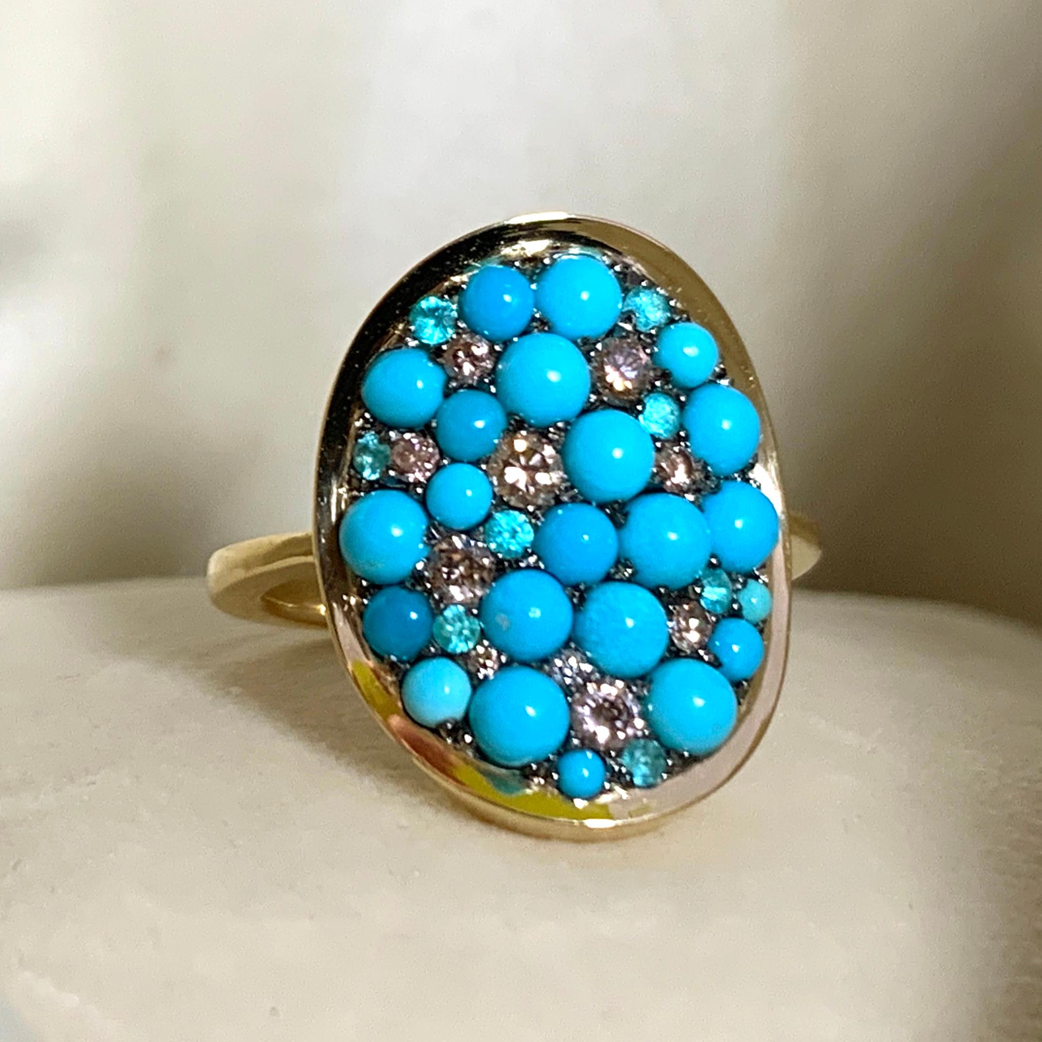 Turquoise Cabochons, Pink Diamond, Paraïba Tourmaline Pave Ring In New Condition In Antwerp, BE