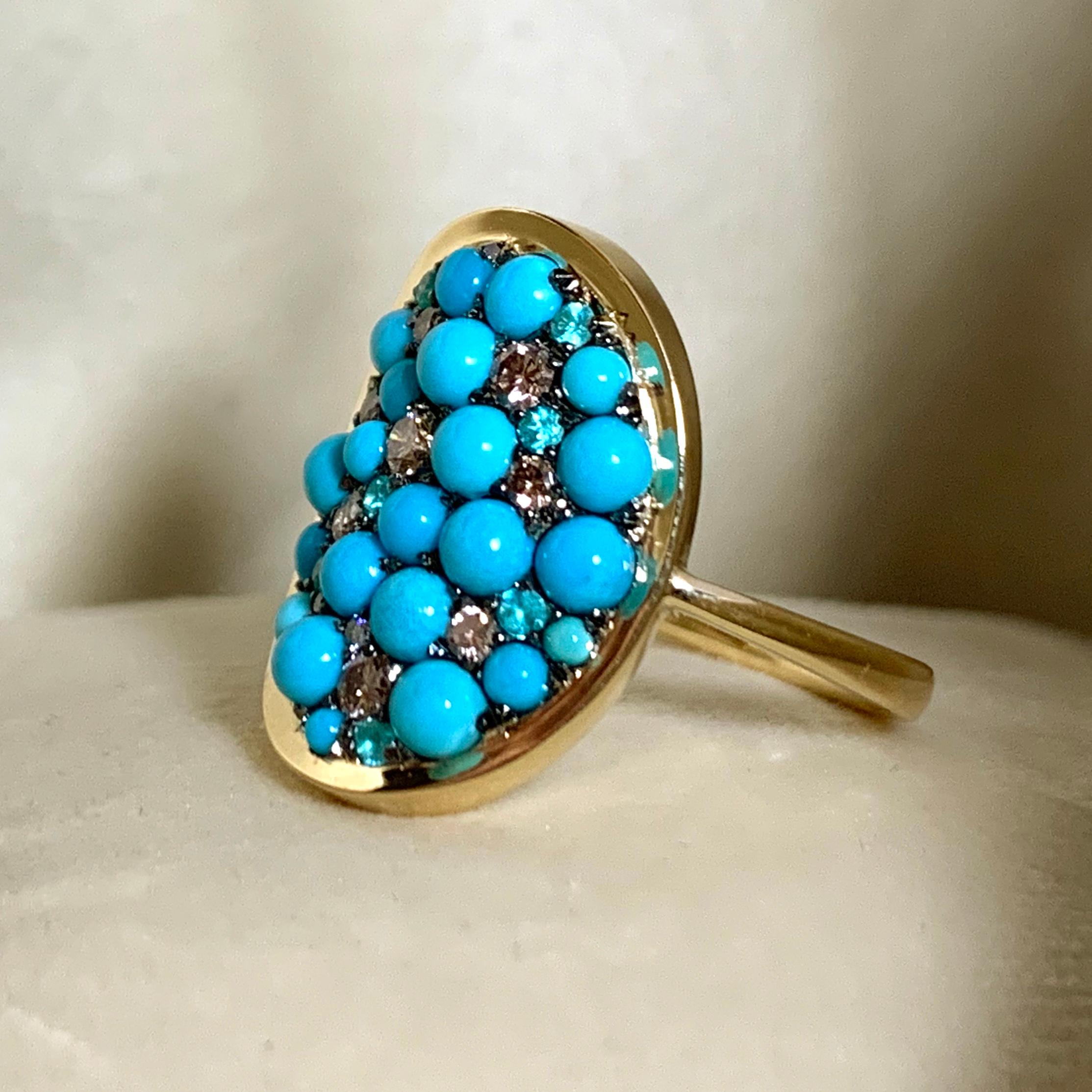 Turquoise Cabochons, Pink Diamond, Paraïba Tourmaline Pave Ring 2