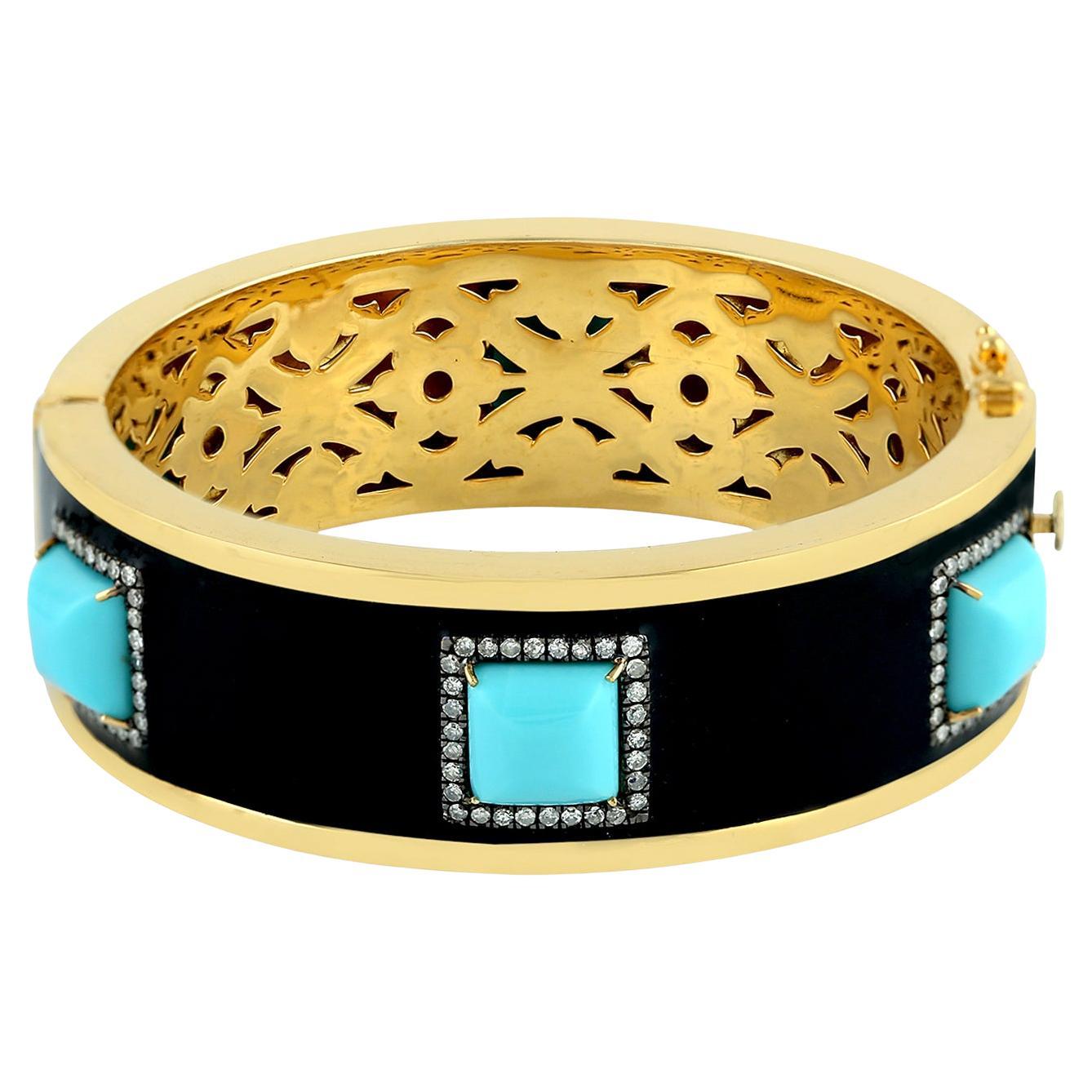 Turquoise Cabouchon & Black Enamel Cuff Made In 18k Yellow Gold