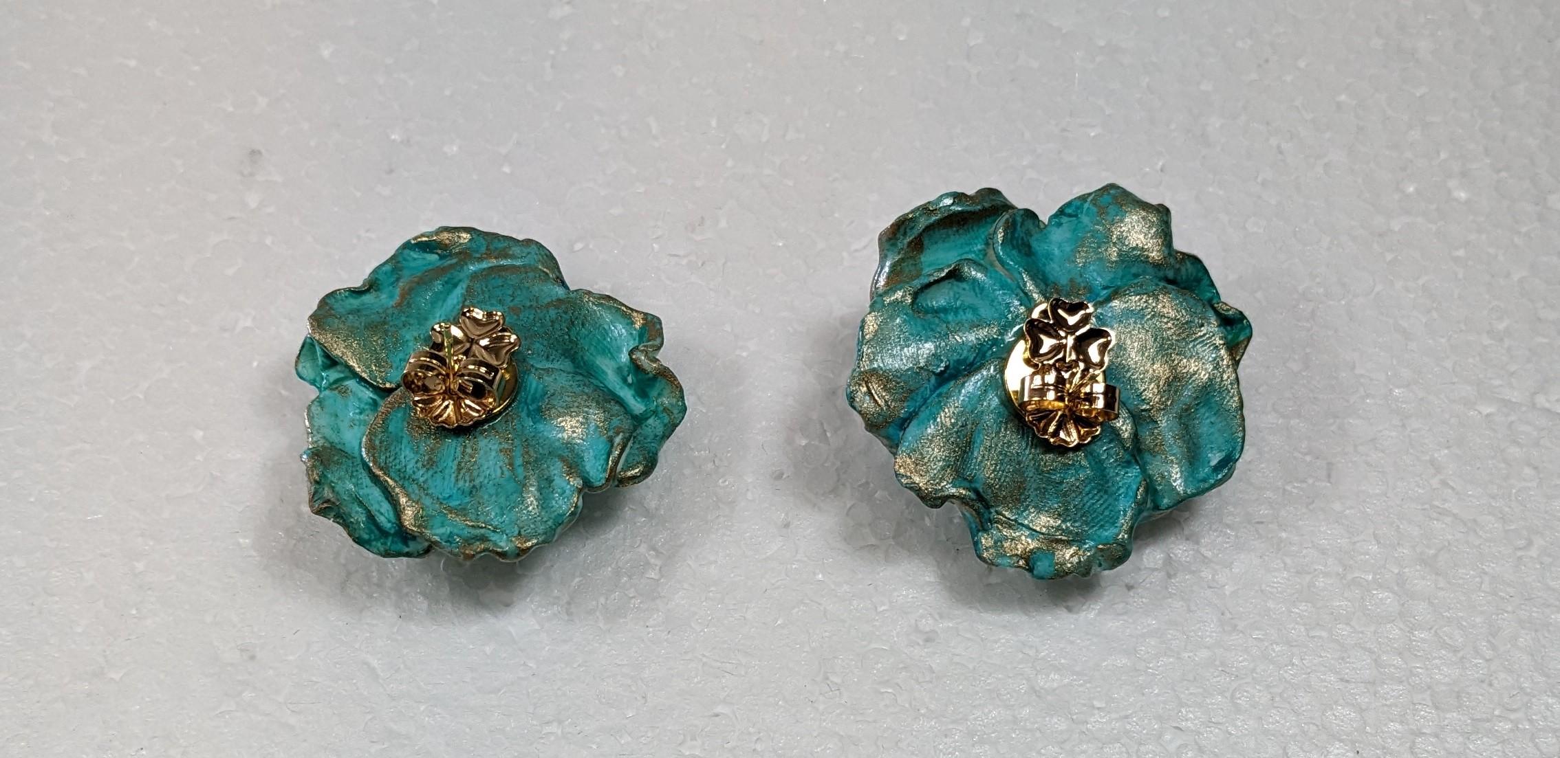 Romantic Turquoise  Camelia Polymer  Earrings with golplated silver closure For Sale