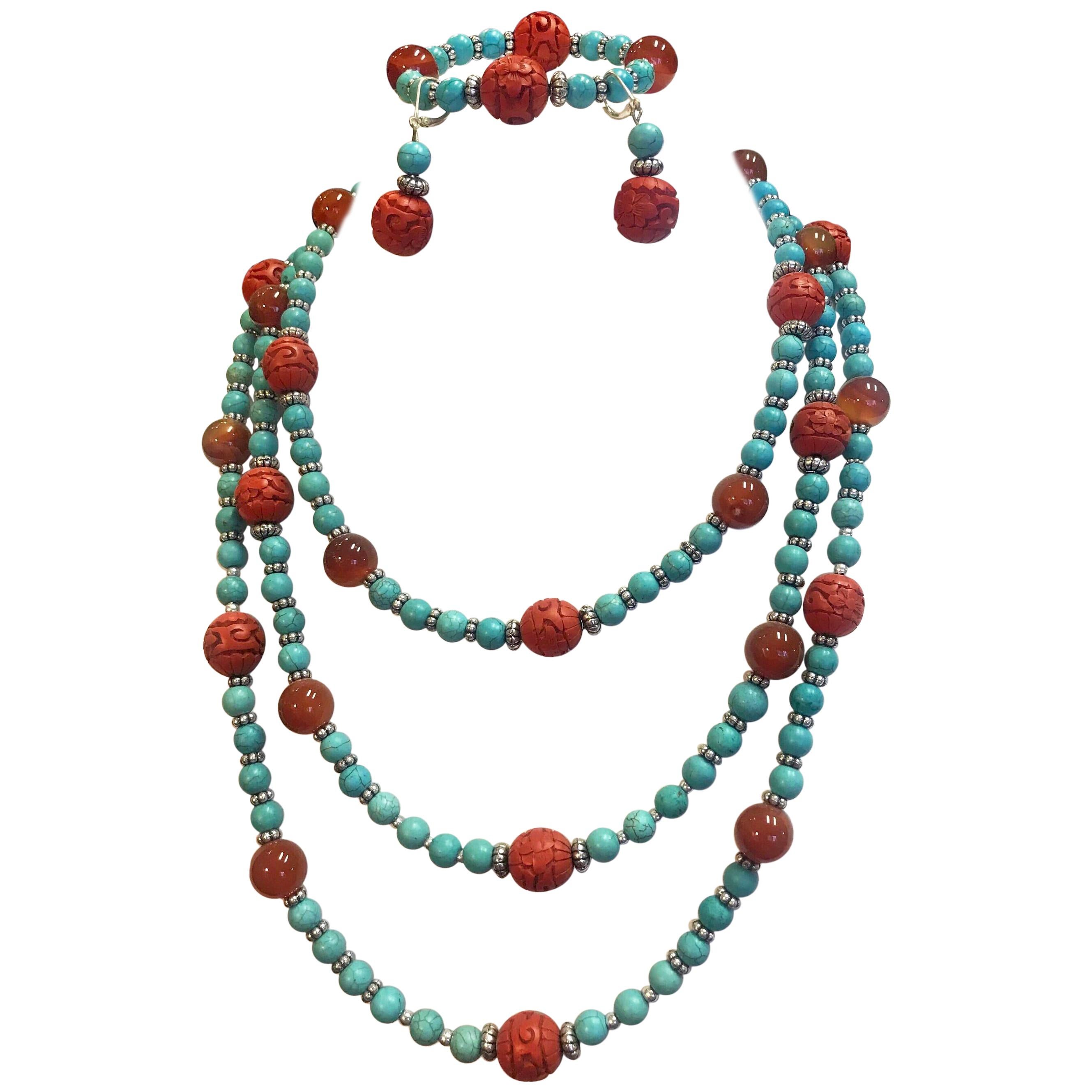 Exolette Turquoise Carnelian Red Carved Cinnabar Necklace Bracelet Earring Suite For Sale