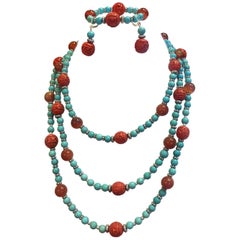 Exolette Turquoise Carnelian Red Carved Cinnabar Necklace Bracelet Earring Suite