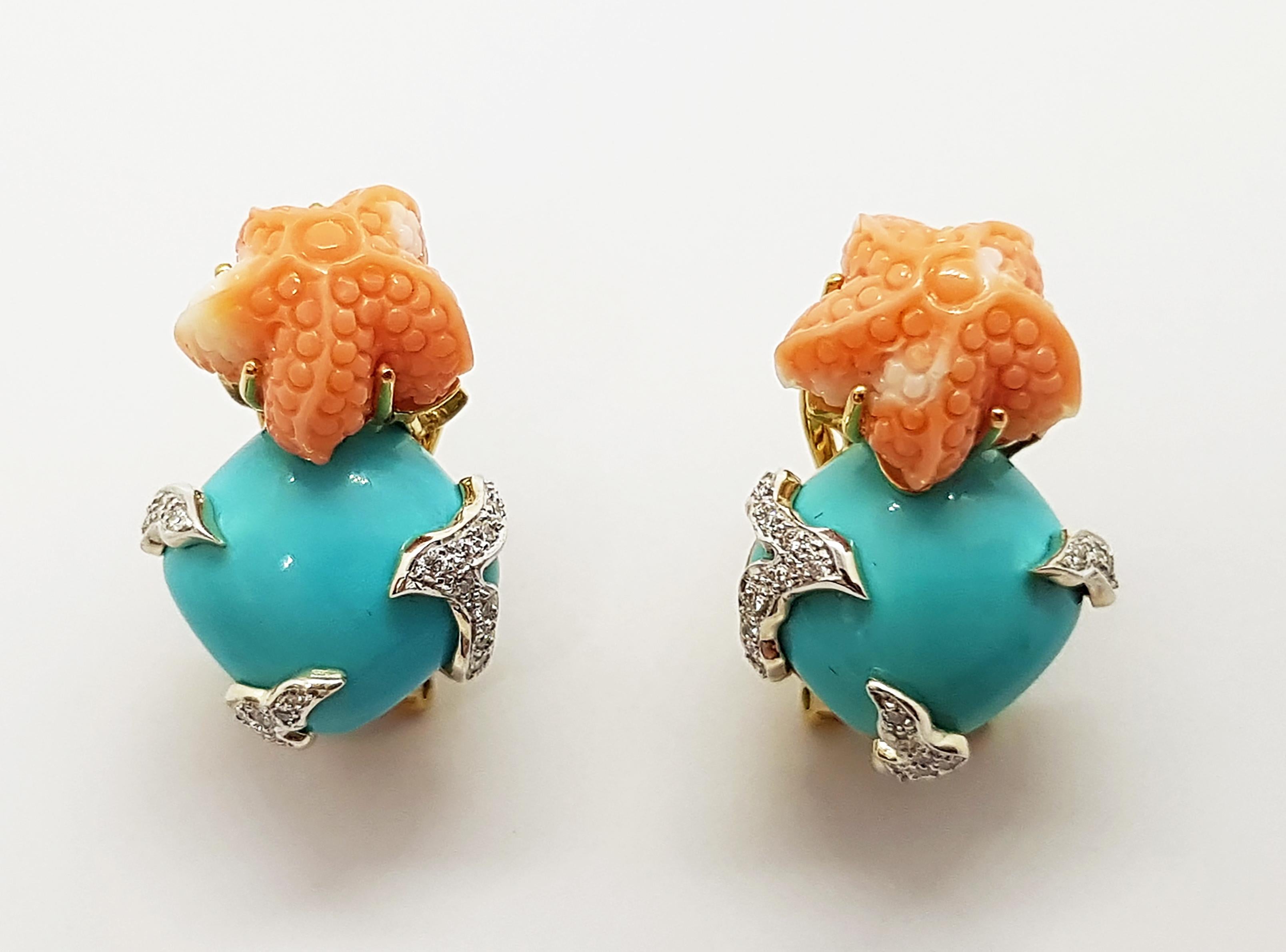 Turquoise, Coral with Diamond 0.2 carat Earrings set in 18 Karat Gold Settings

Width:  1.5 cm 
Length:  2.5 cm
Total Weight: 13.01 grams

FOUNDED BY AWARD-WINNING COUPLE, NUTTAPON (KENNY) & SHAR-LINN, KAVANT & SHARART IS A FINE JEWELRY BRAND