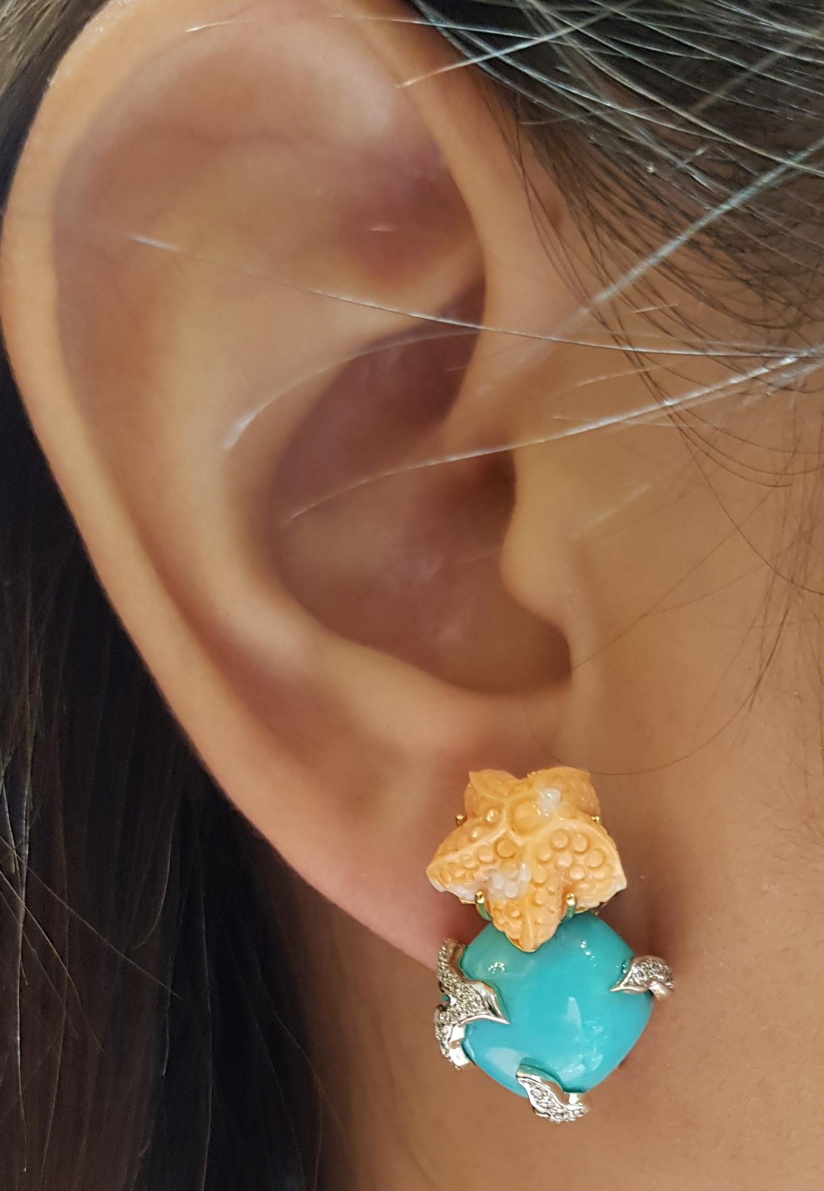 Mixed Cut Turquoise, Carved Coral with Diamond Earrings in 18k Gold For Sale