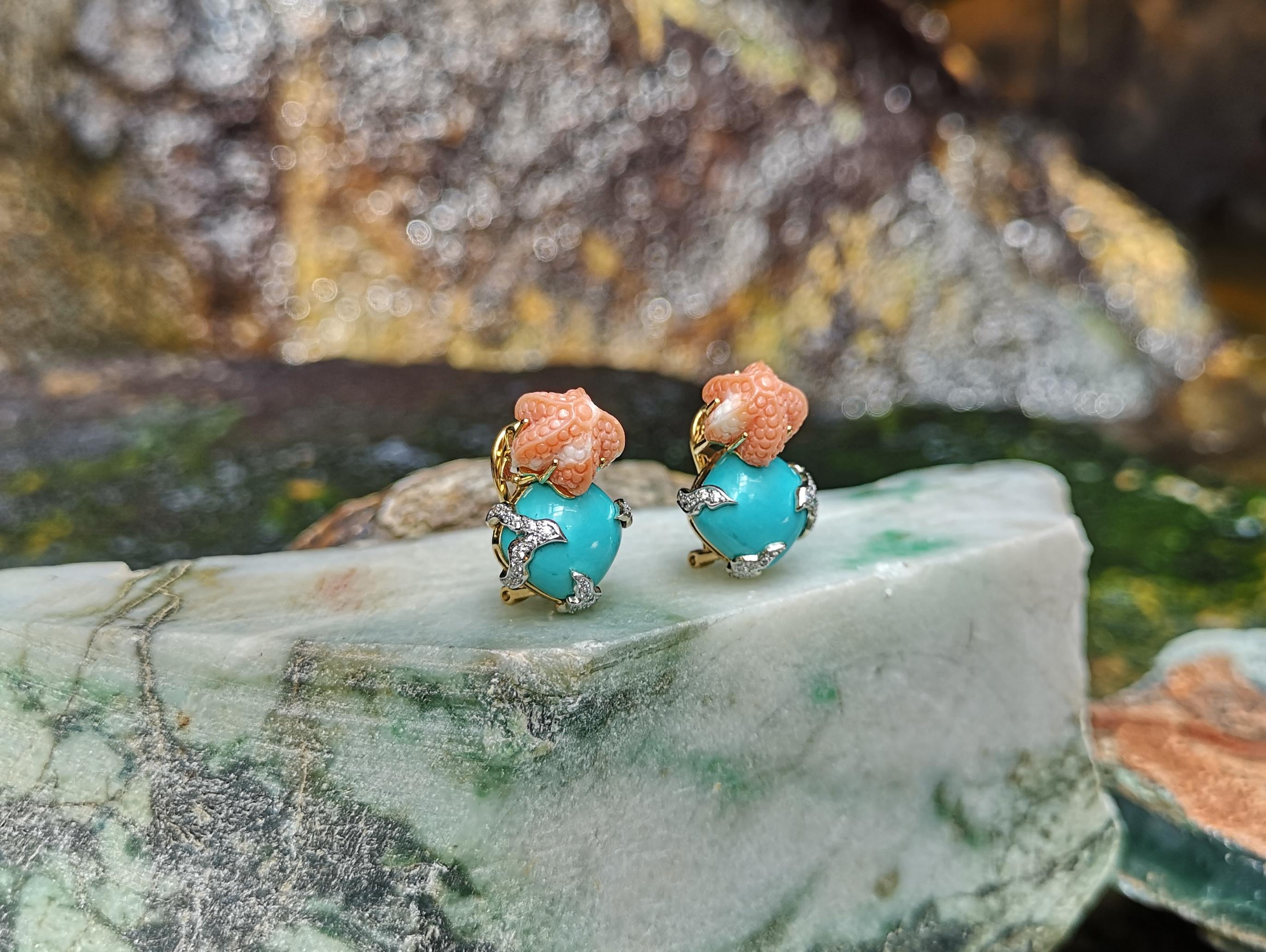 Contemporary Turquoise, Carved Coral with Diamond Earrings in 18K Gold For Sale