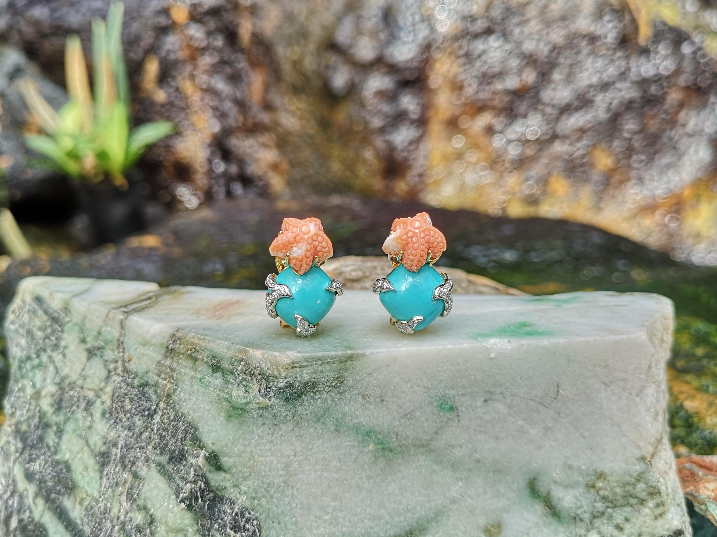 Turquoise, Carved Coral with Diamond Earrings in 18k Gold In New Condition For Sale In Bangkok, 10