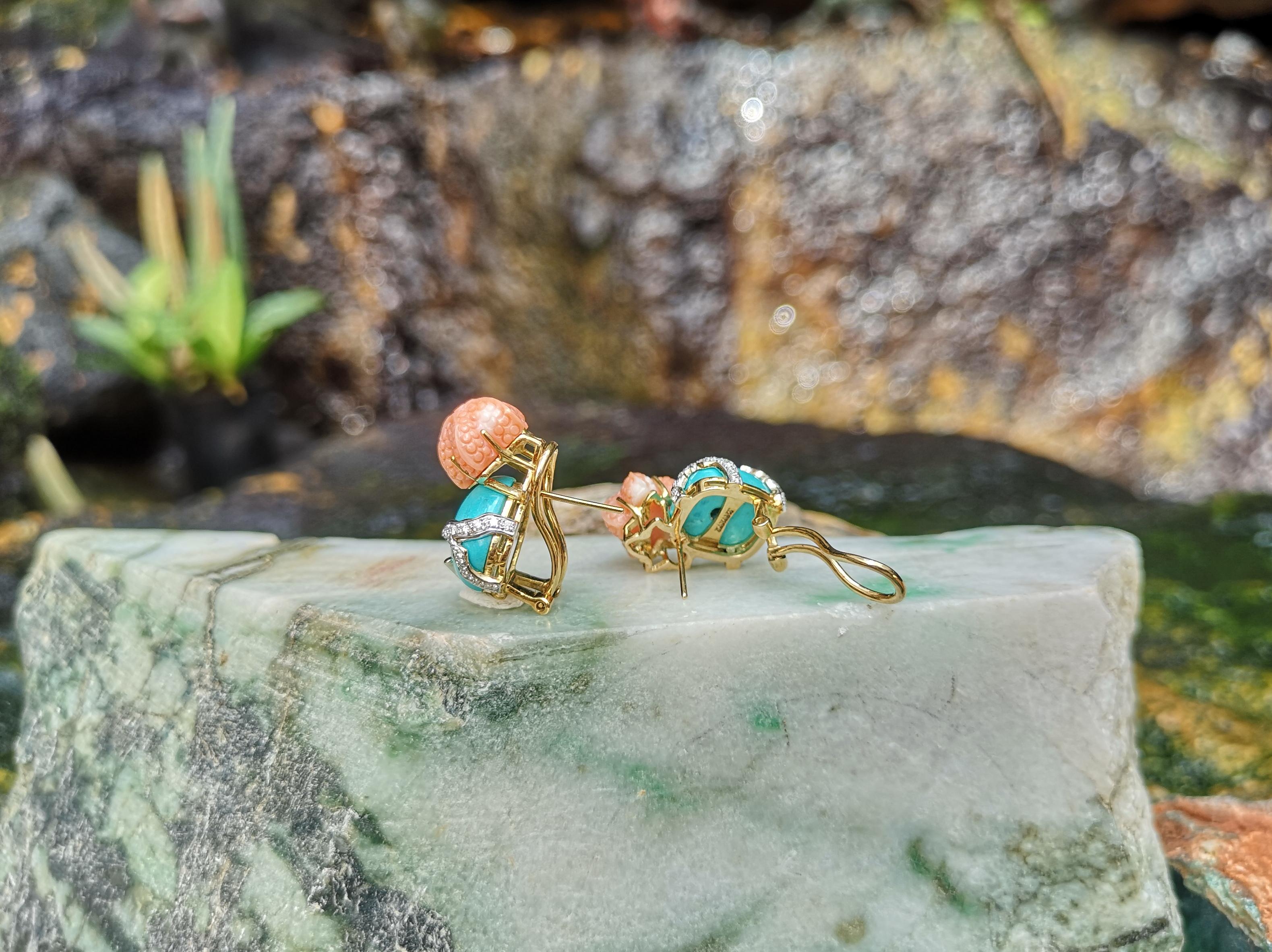 Turquoise, Carved Coral with Diamond Earrings in 18k Gold For Sale 1