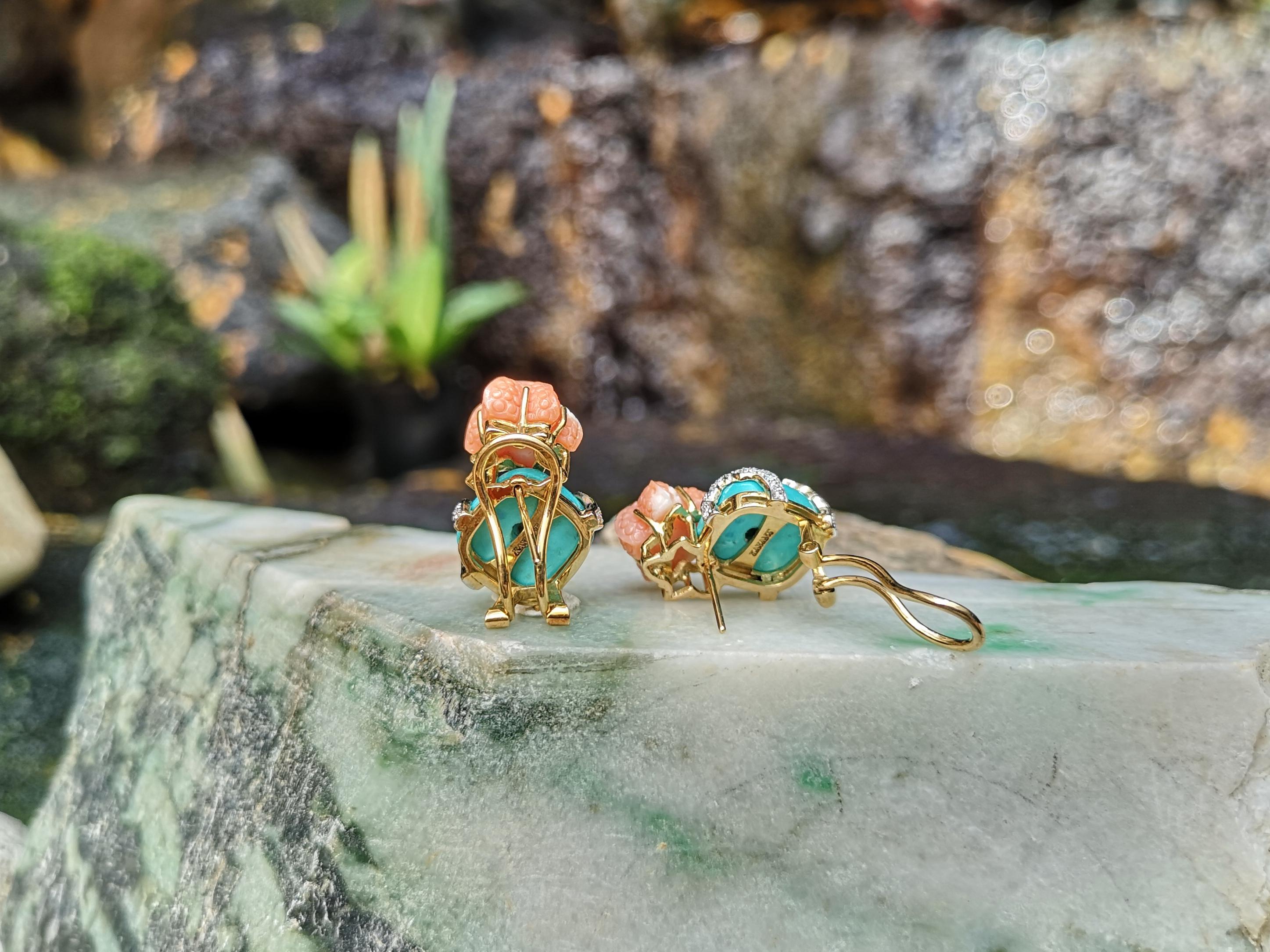 Turquoise, Carved Coral with Diamond Earrings in 18k Gold For Sale 2