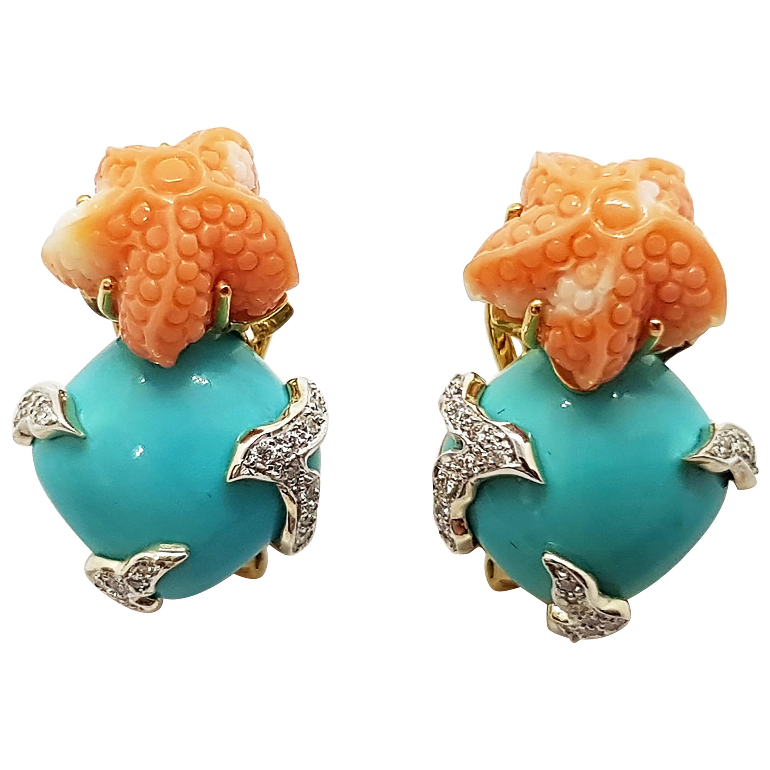 Boucles d'oreilles en or 18 carats avec turquoise, corail sculpté et diamants