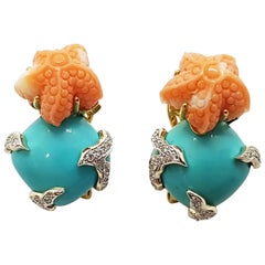 Boucles d'oreilles en or 18 carats avec turquoise, corail sculpté et diamants