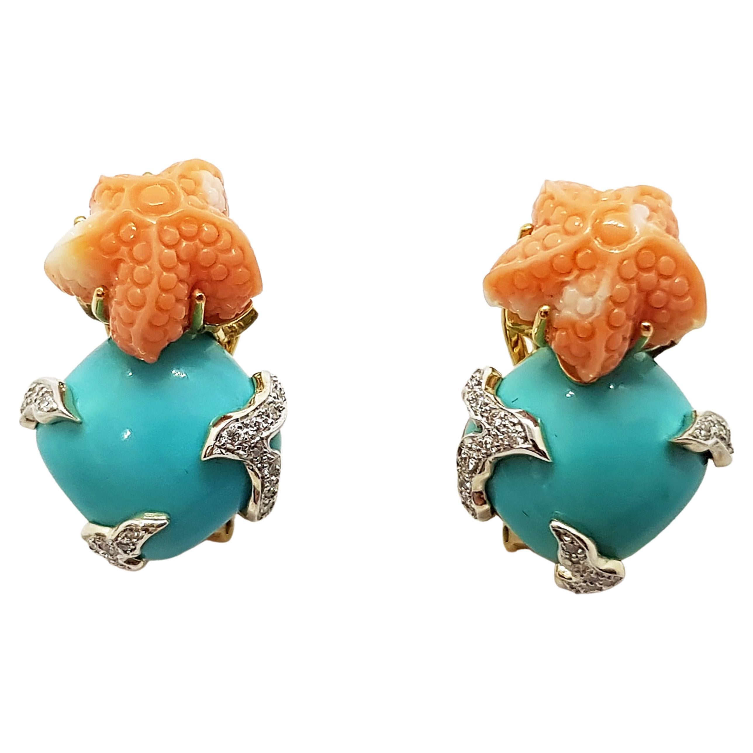 Turquoise, Carved Coral with Diamond Earrings in 18k Gold For Sale