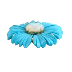 Turquoise Carved Flower Pendant with Opal Center in 14K Yellow Gold