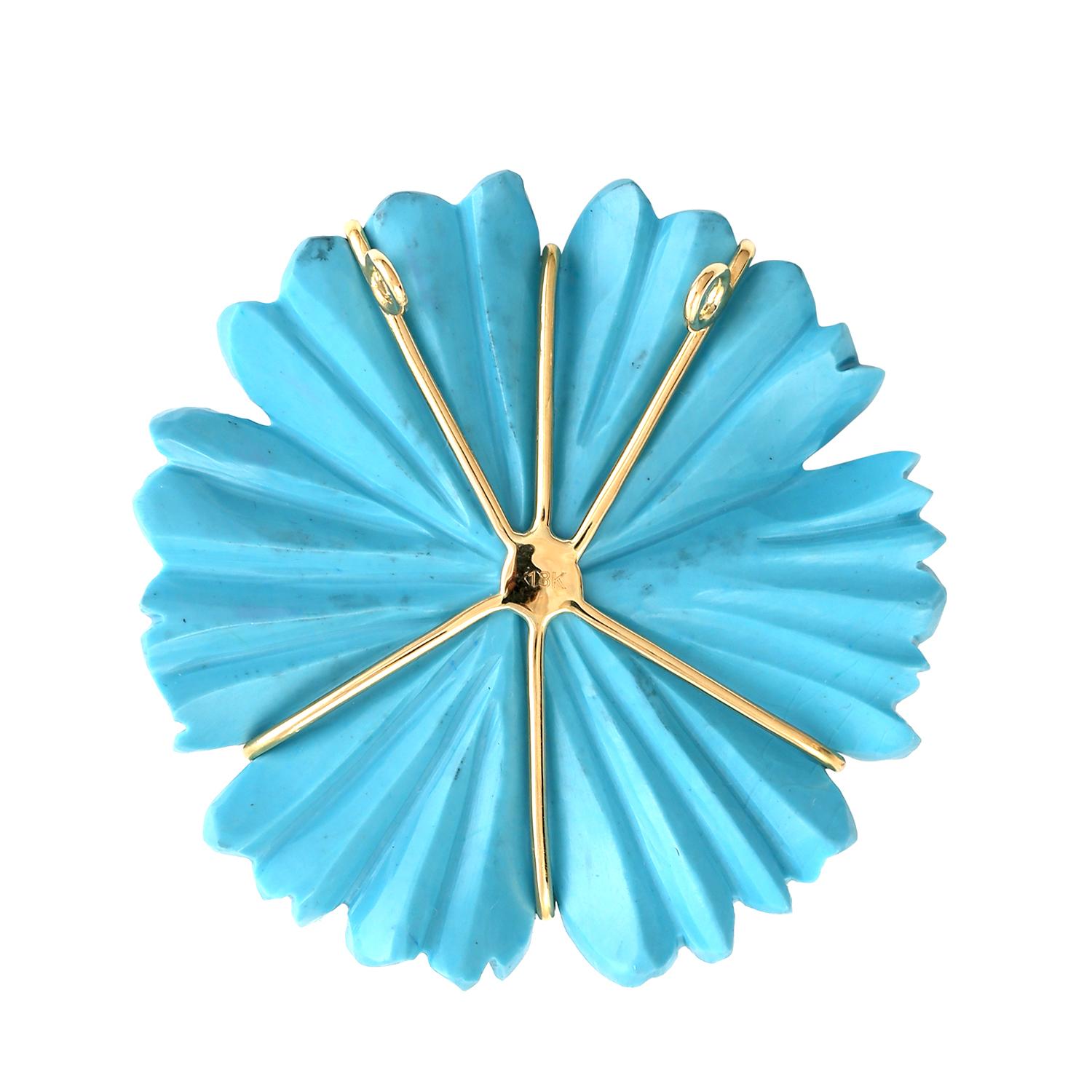 Art Deco Turquoise Carved Flower Pendant with Opal Center in 14K Yellow Gold For Sale