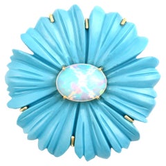 Turquoise Carved Flower Pendant with Opal Center in 14K Yellow Gold