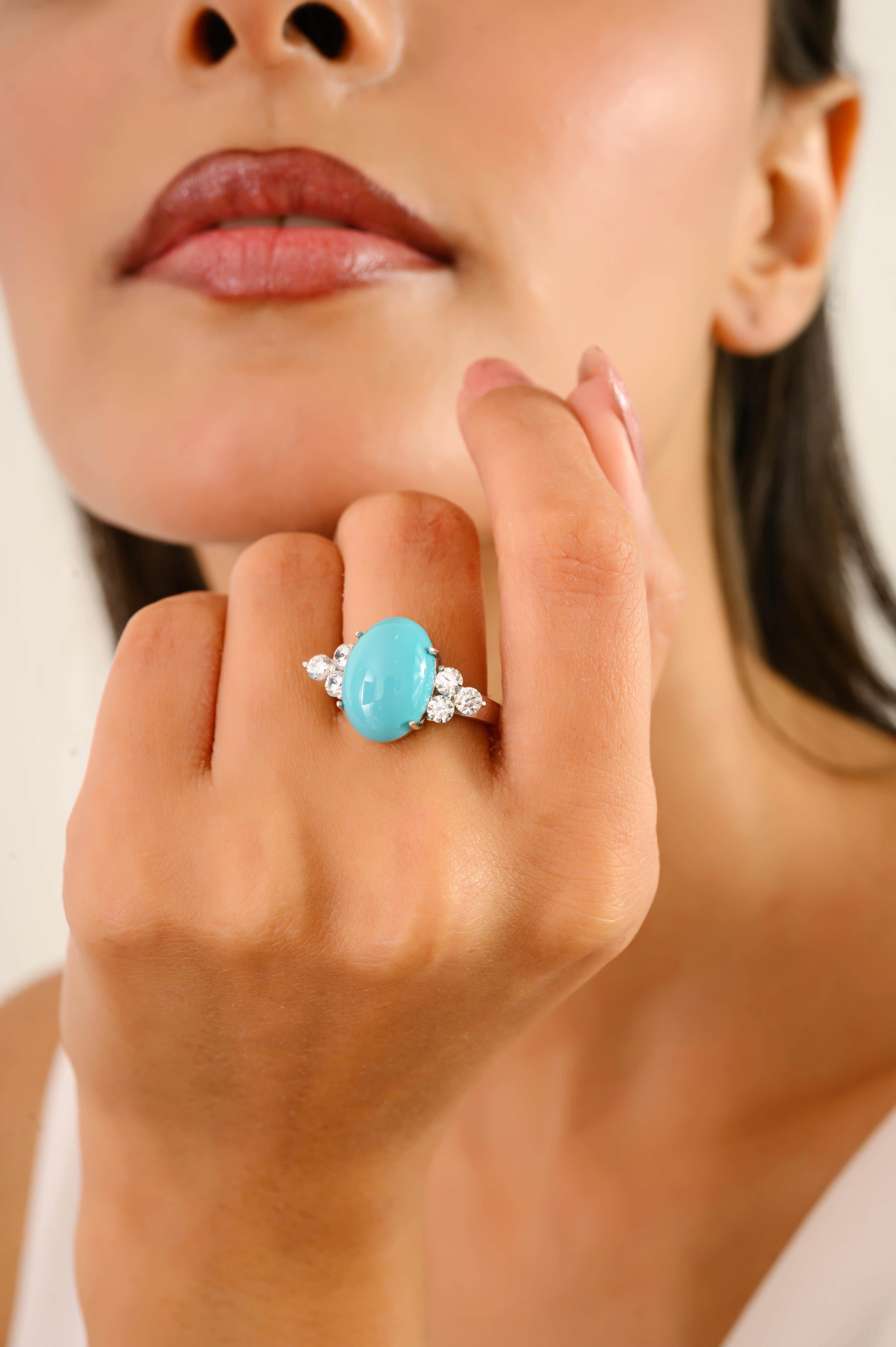Im Angebot: Unisex-Ring mit Türkis in der Mitte und funkelndem Zirkon, gefasst in 925er Silber () 2