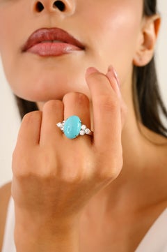 Turquoise Center Unisex Ring Framed with Sparkling Zircon Set in 925 Silver