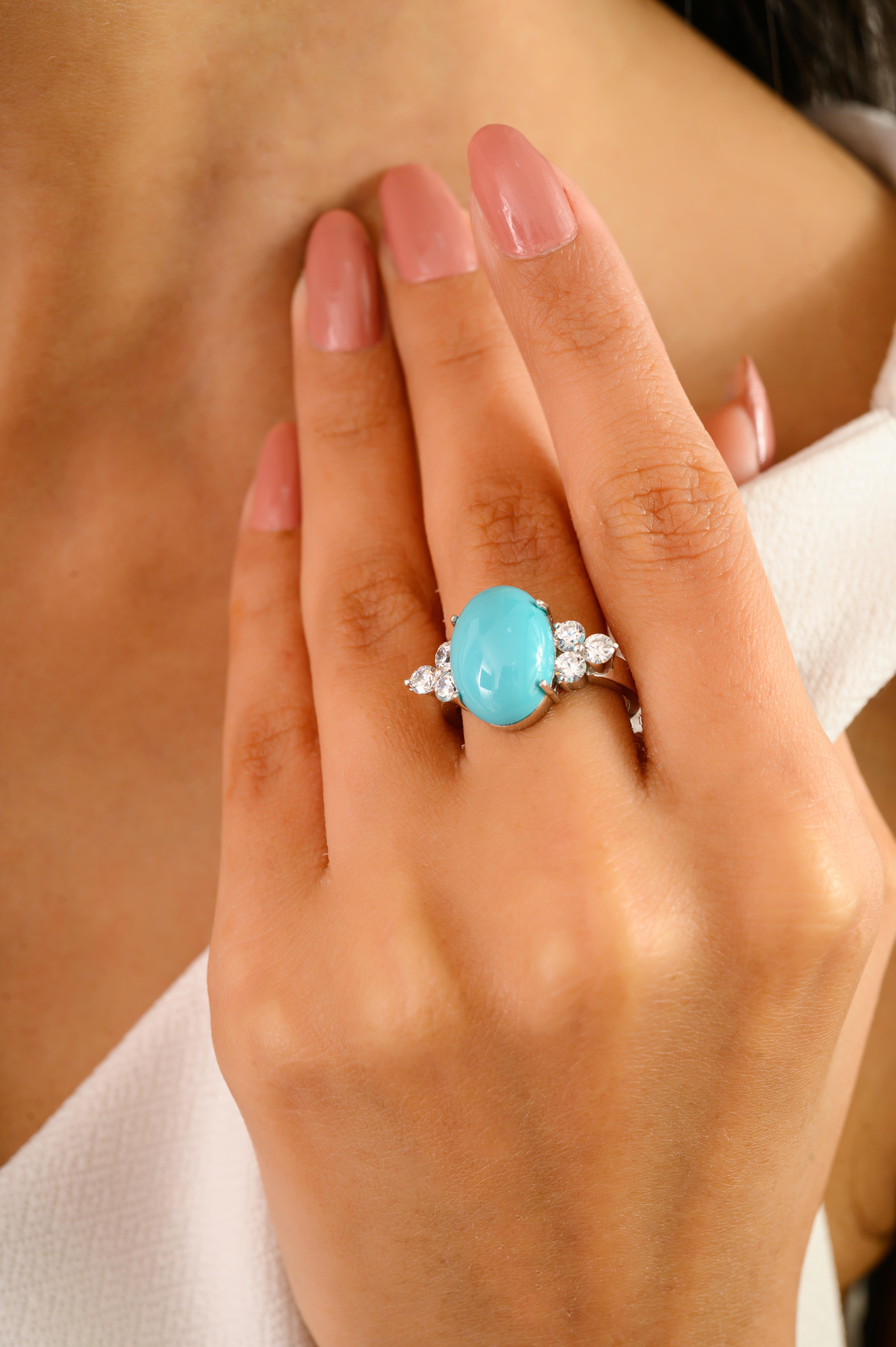 Im Angebot: Unisex-Ring mit Türkis in der Mitte und funkelndem Zirkon, gefasst in 925er Silber () 4