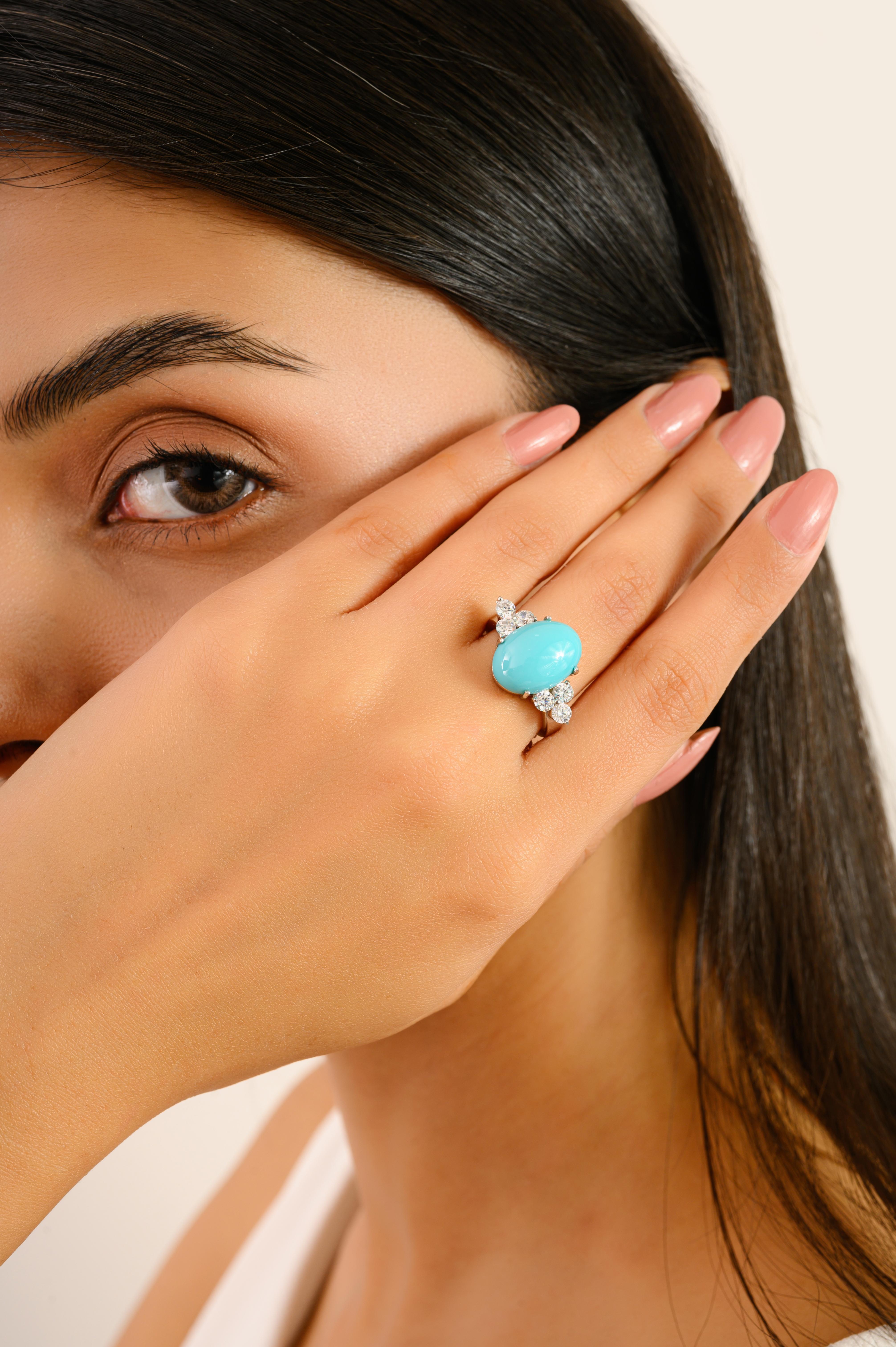 Im Angebot: Unisex-Ring mit Türkis in der Mitte und funkelndem Zirkon, gefasst in 925er Silber () 6