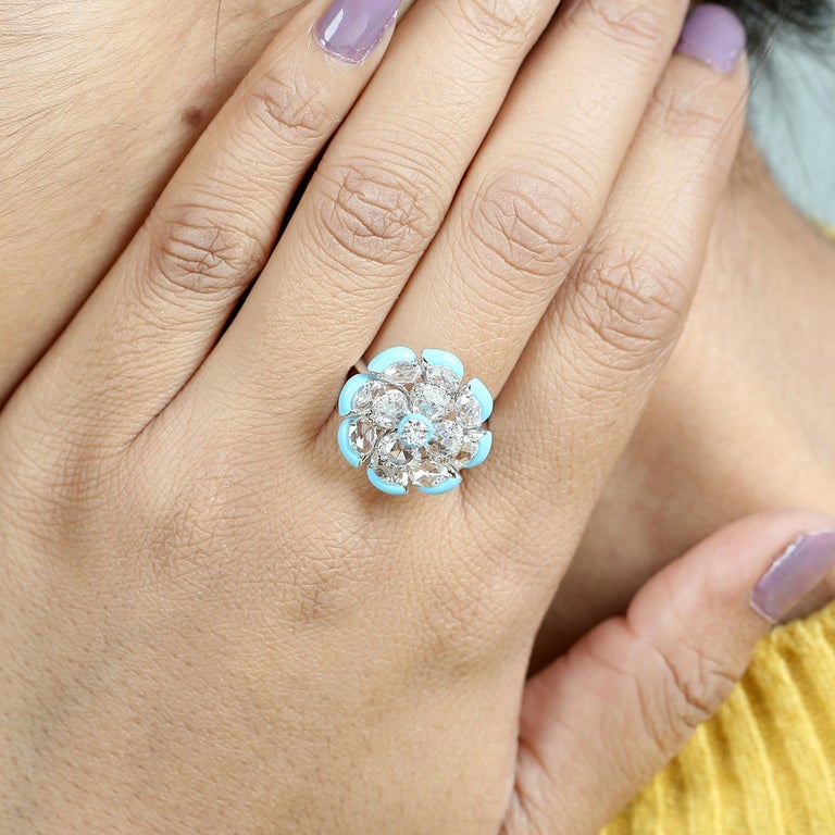 Turquoise Ceramic Borders Ring in White Gold with Rose Cut Diamond ...