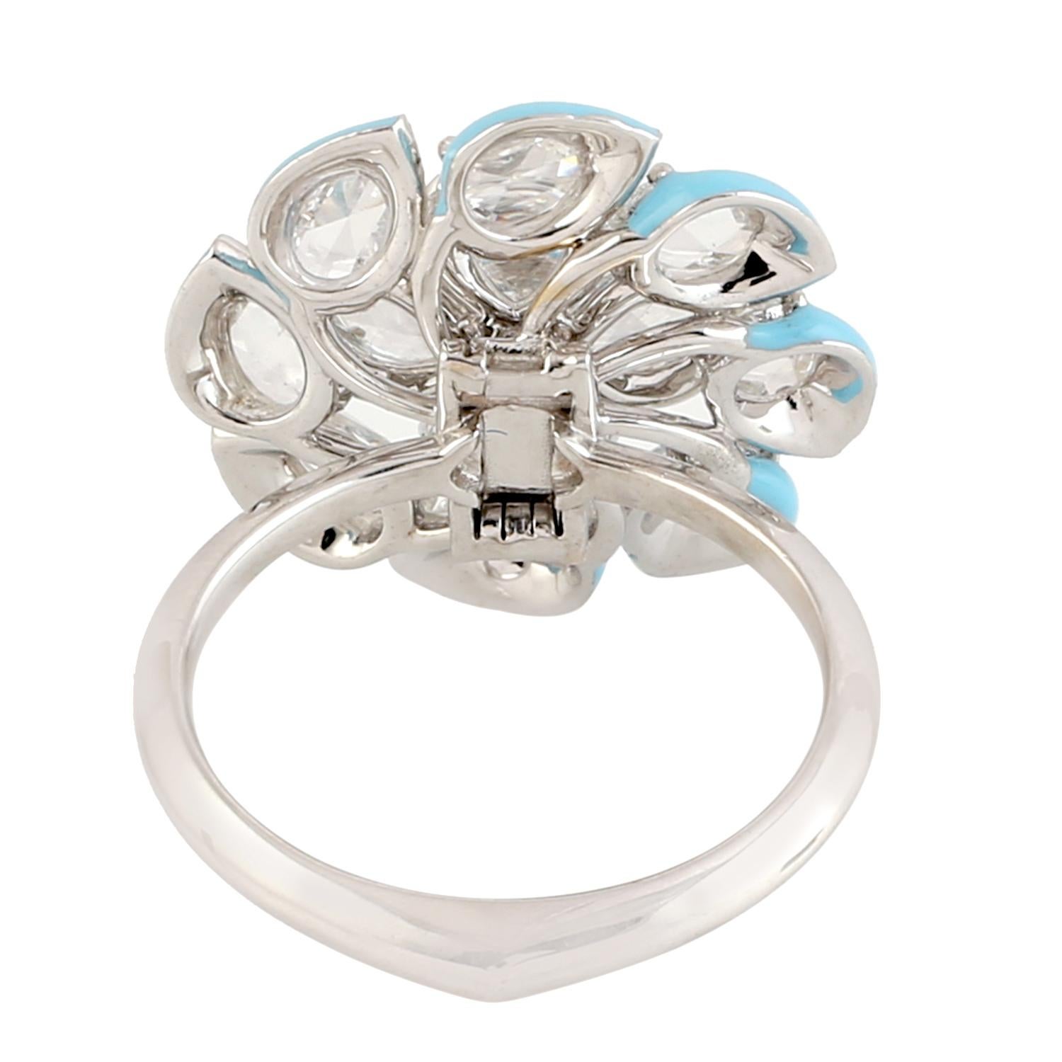 Mixed Cut Turquoise Ceramic Borders Ring in White Gold with Rose Cut Diamond Flower Petals For Sale