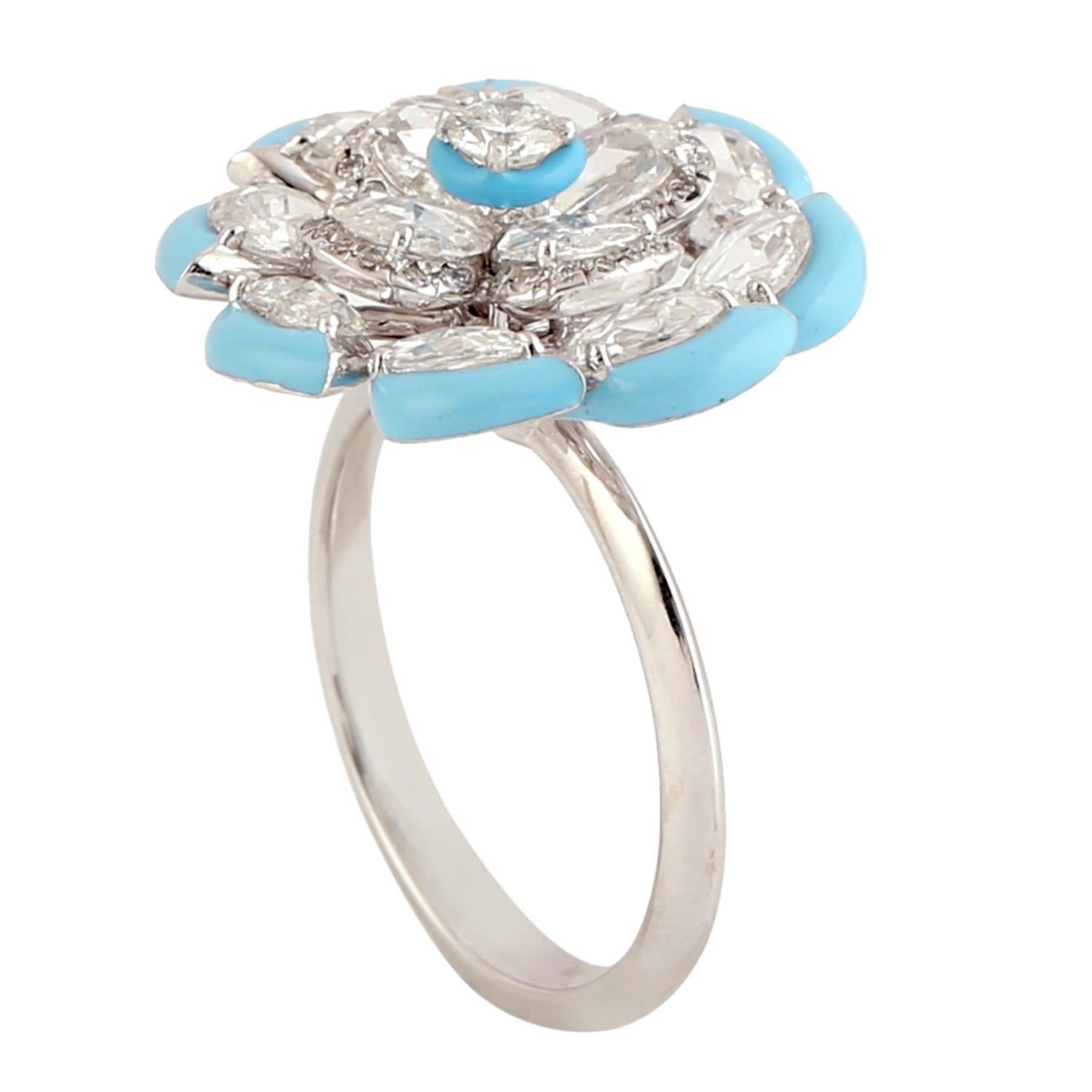 Turquoise Ceramic Borders Ring in White Gold with Rose Cut Diamond Flower Petals In New Condition For Sale In New York, NY