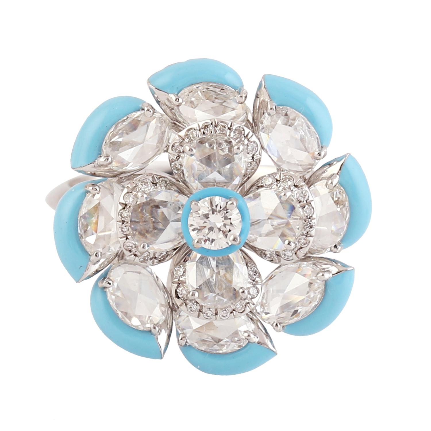 Women's Turquoise Ceramic Borders Ring in White Gold with Rose Cut Diamond Flower Petals For Sale