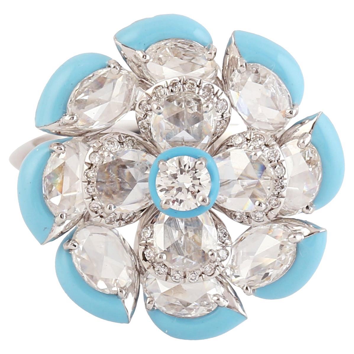 Turquoise Ceramic Borders Ring in White Gold with Rose Cut Diamond Flower Petals