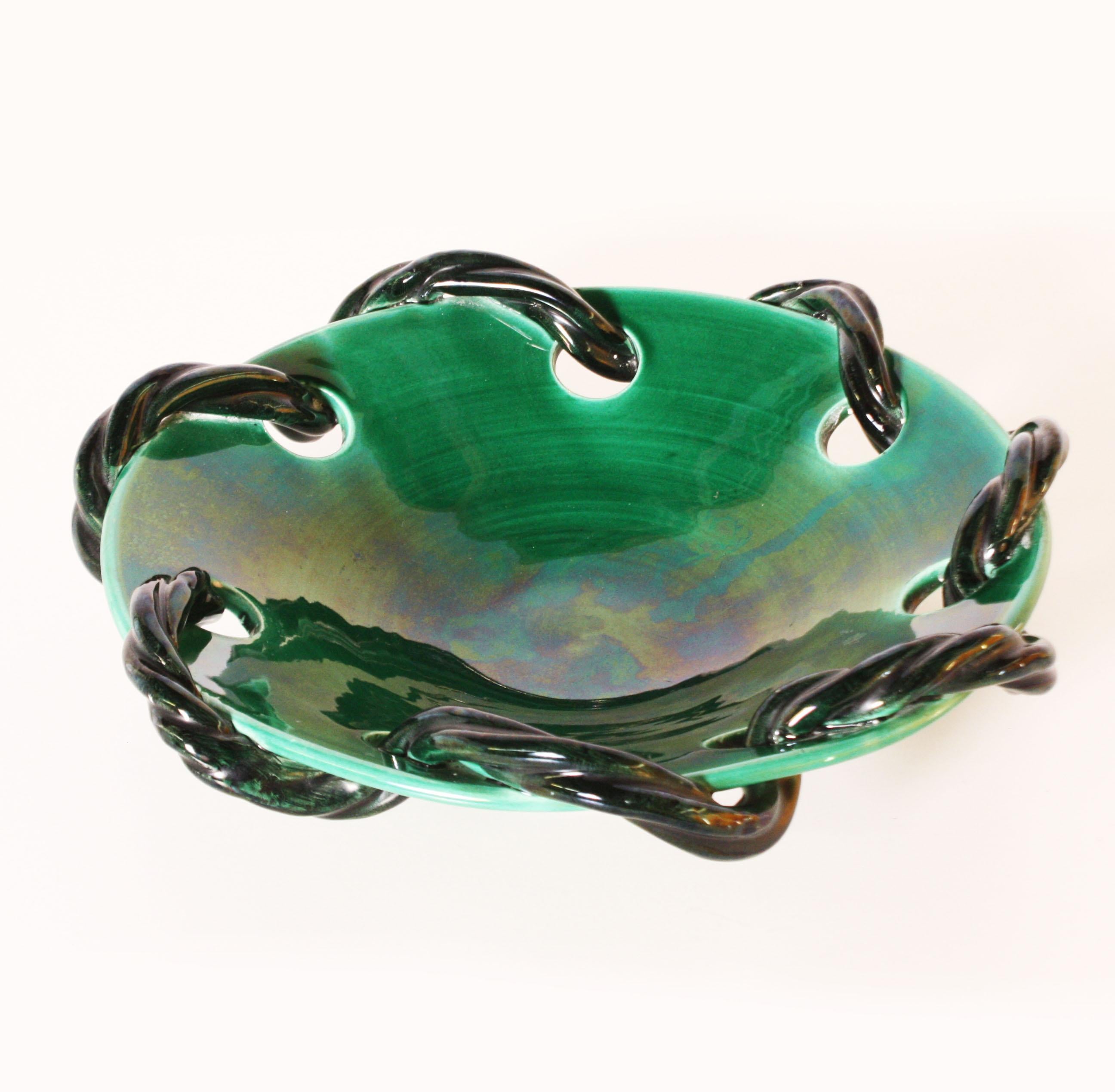 French Turquoise Ceramic Bowl from Vallauris with Rope Detail, circa 1950
