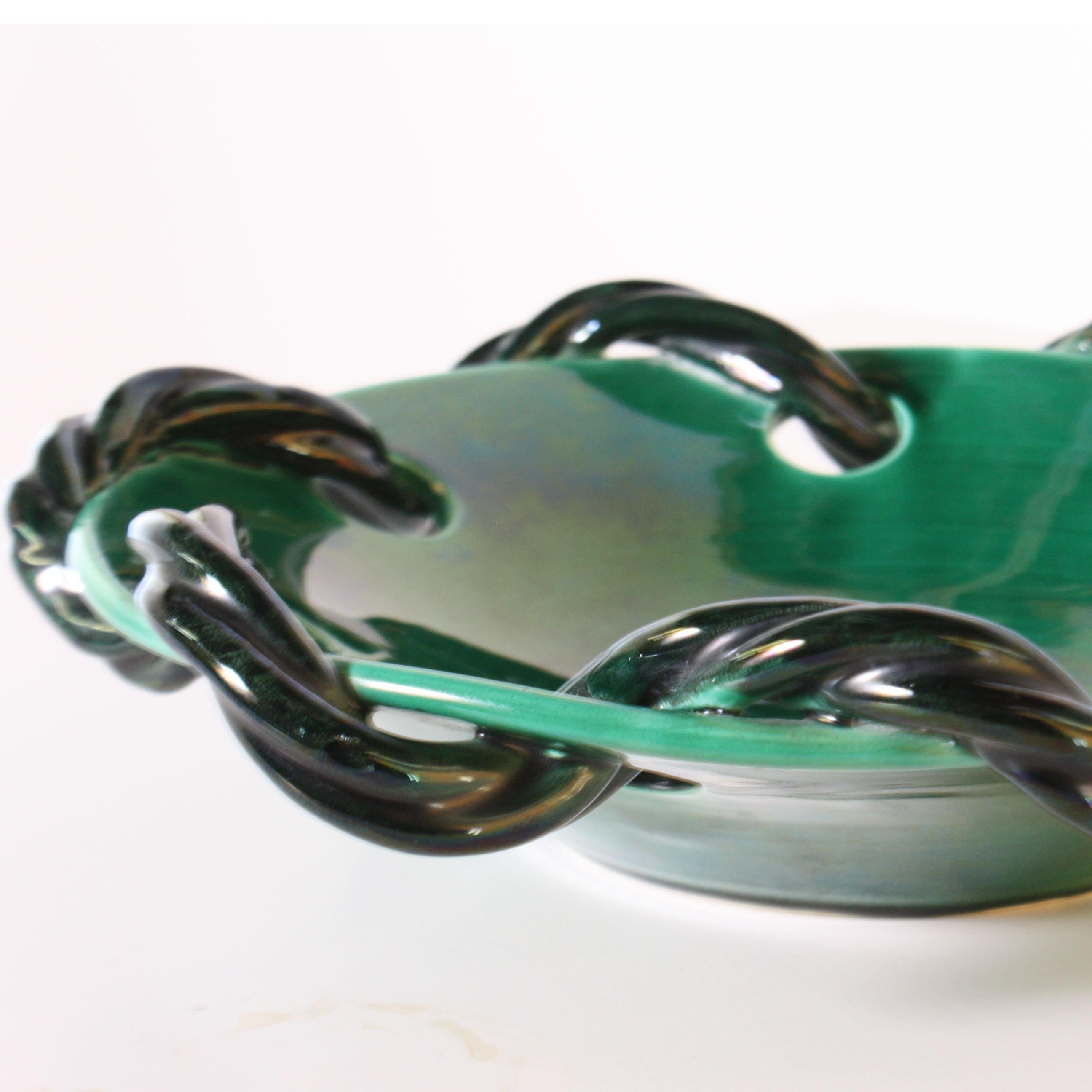 Mid-20th Century Turquoise Ceramic Bowl from Vallauris with Rope Detail, circa 1950