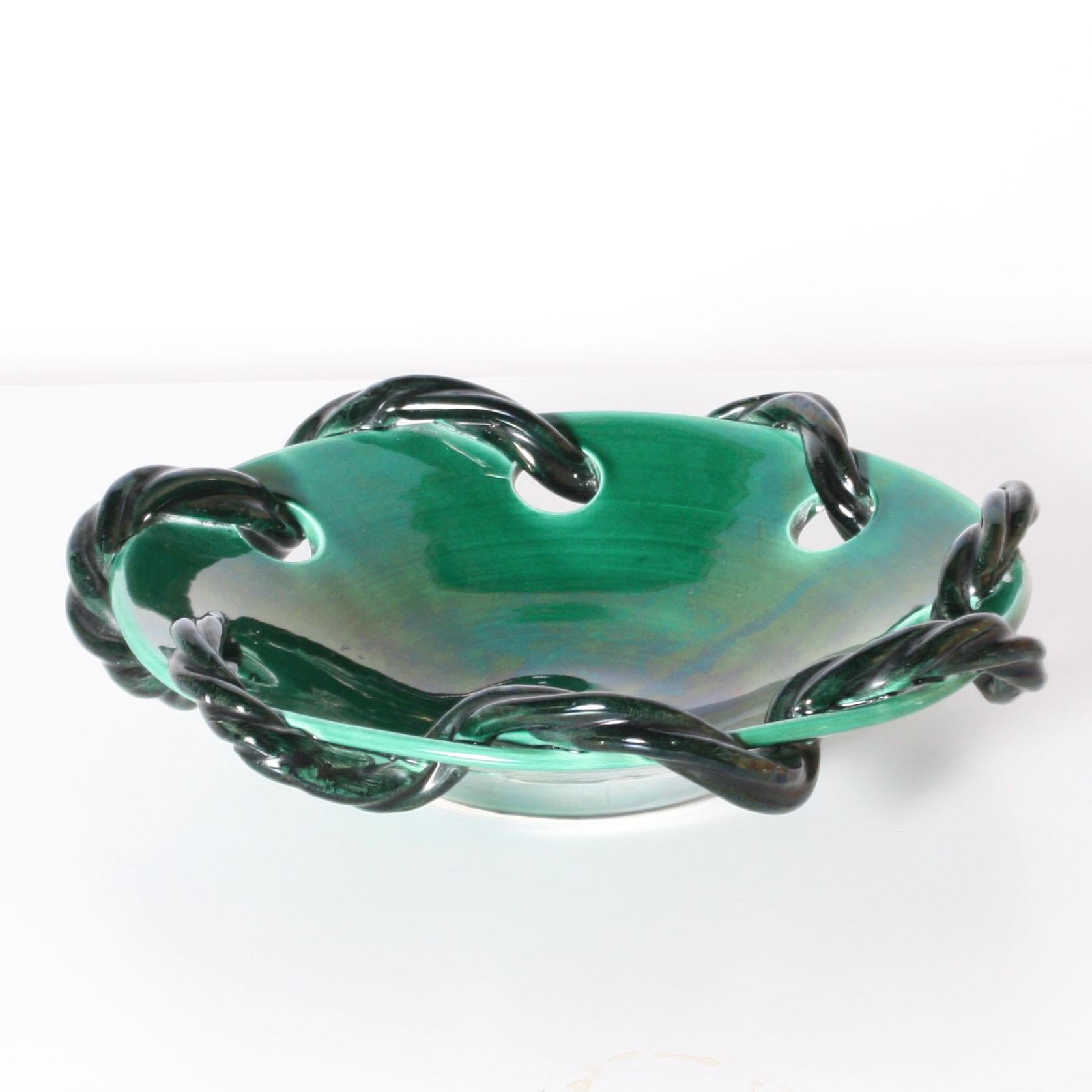 Turquoise Ceramic Bowl from Vallauris with Rope Detail, circa 1950 3