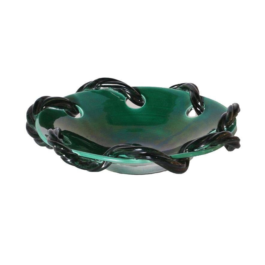 Turquoise Ceramic Bowl from Vallauris with Rope Detail, circa 1950