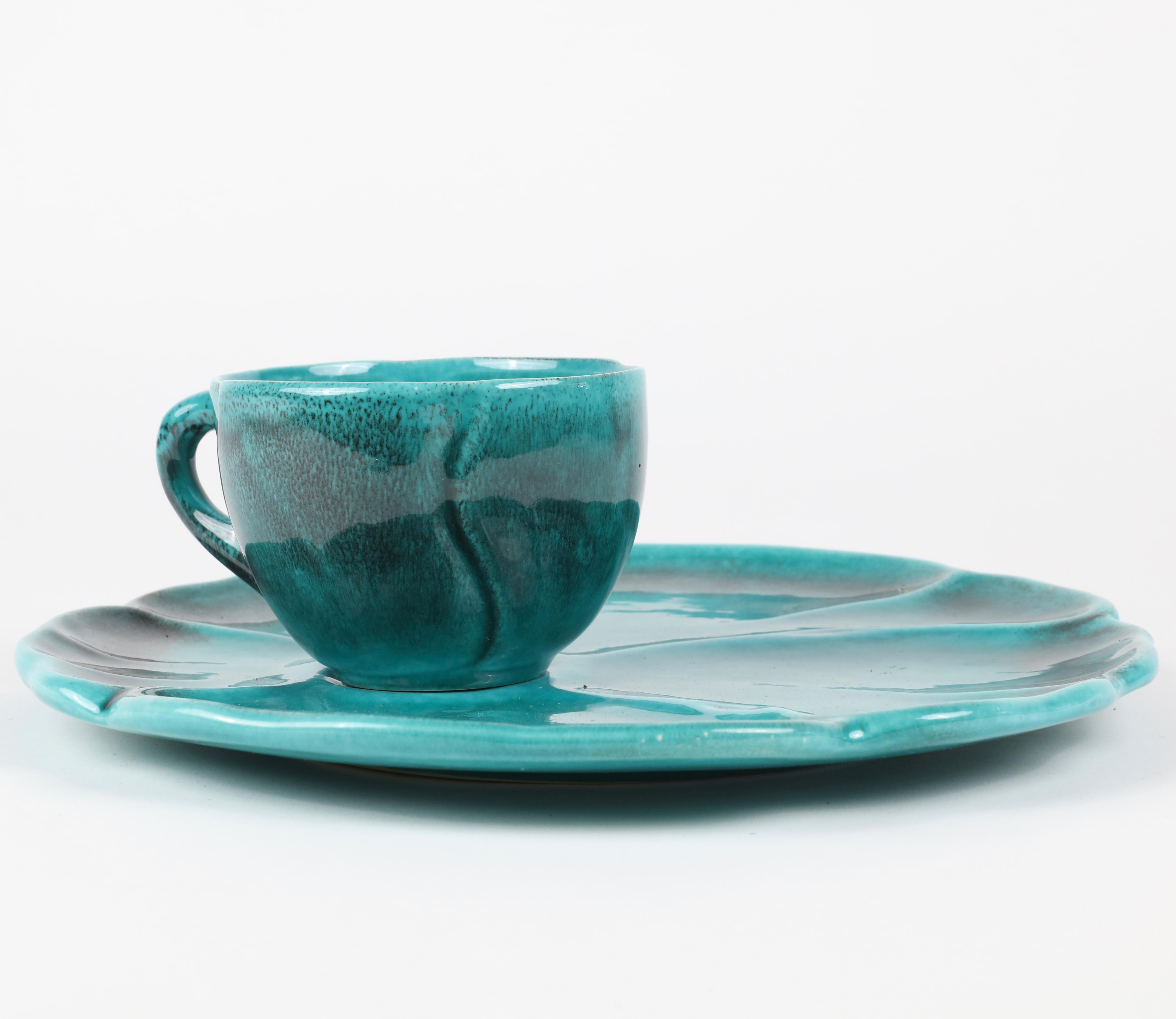 Turquoise Ceramic Luncheon Set for 12 In Good Condition In Bridgehampton, NY