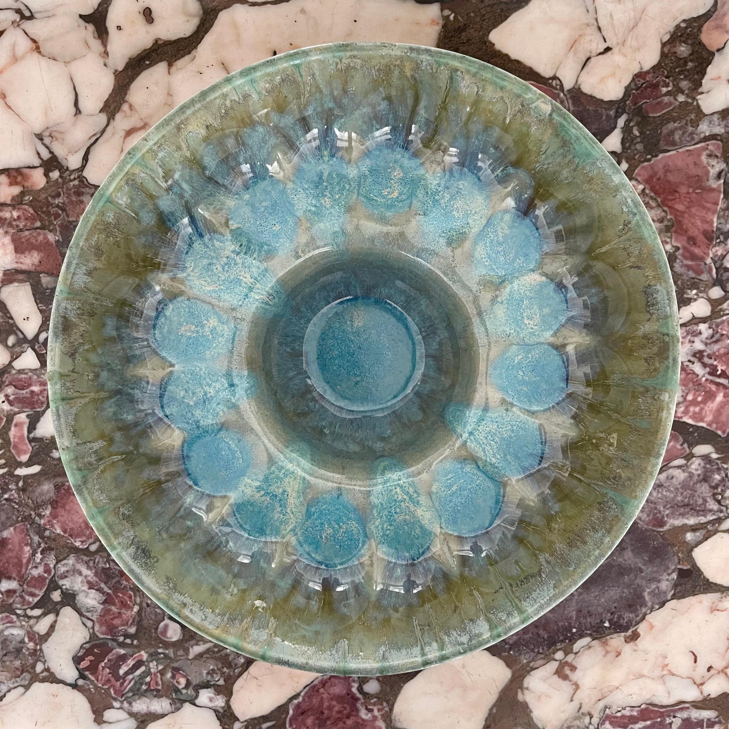 Modern Turquoise Ceramic Pedestal Vessel Italian Contemporary Handmade Unique Piece For Sale
