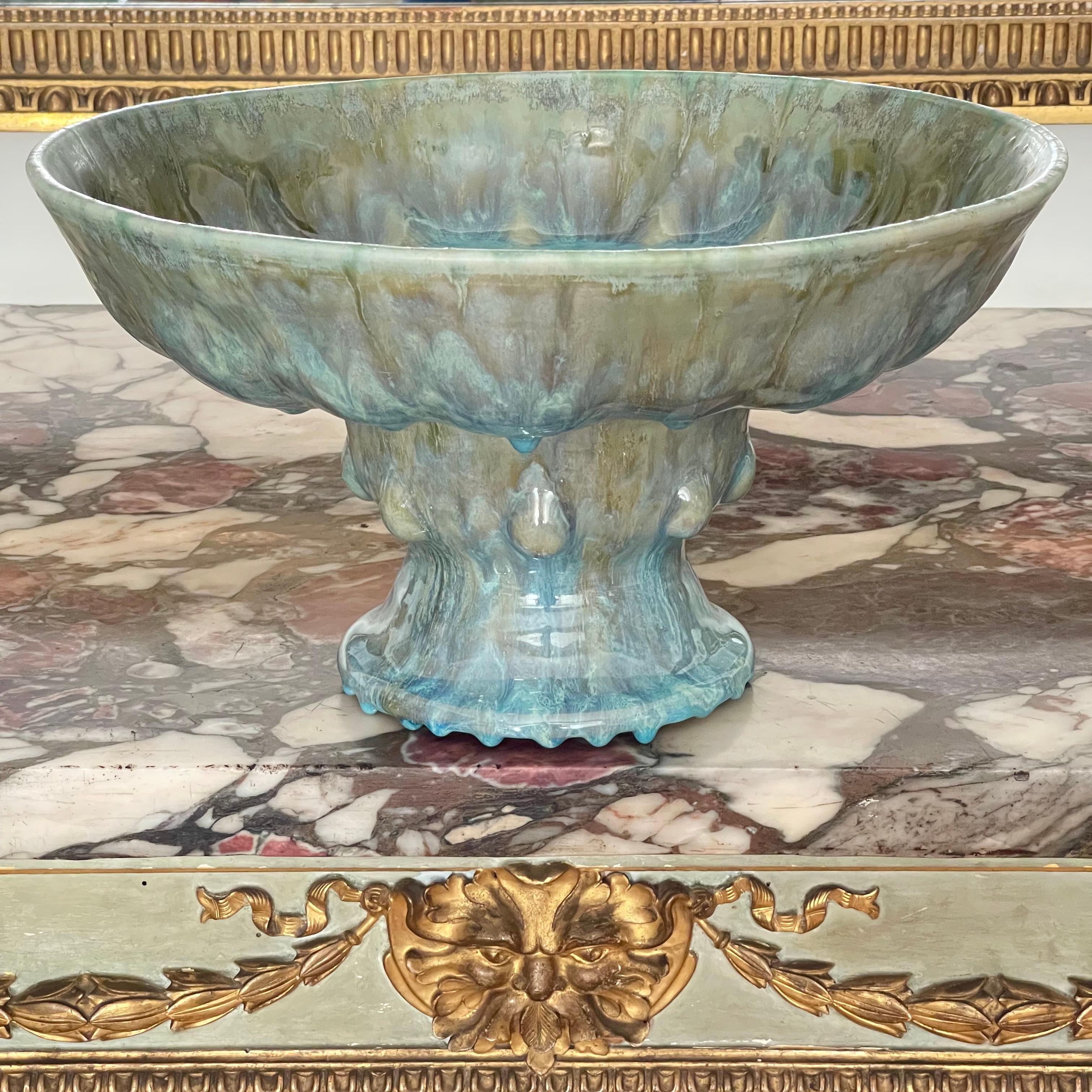 British Turquoise Ceramic Pedestal Vessel Italian Contemporary Handmade Unique Piece For Sale