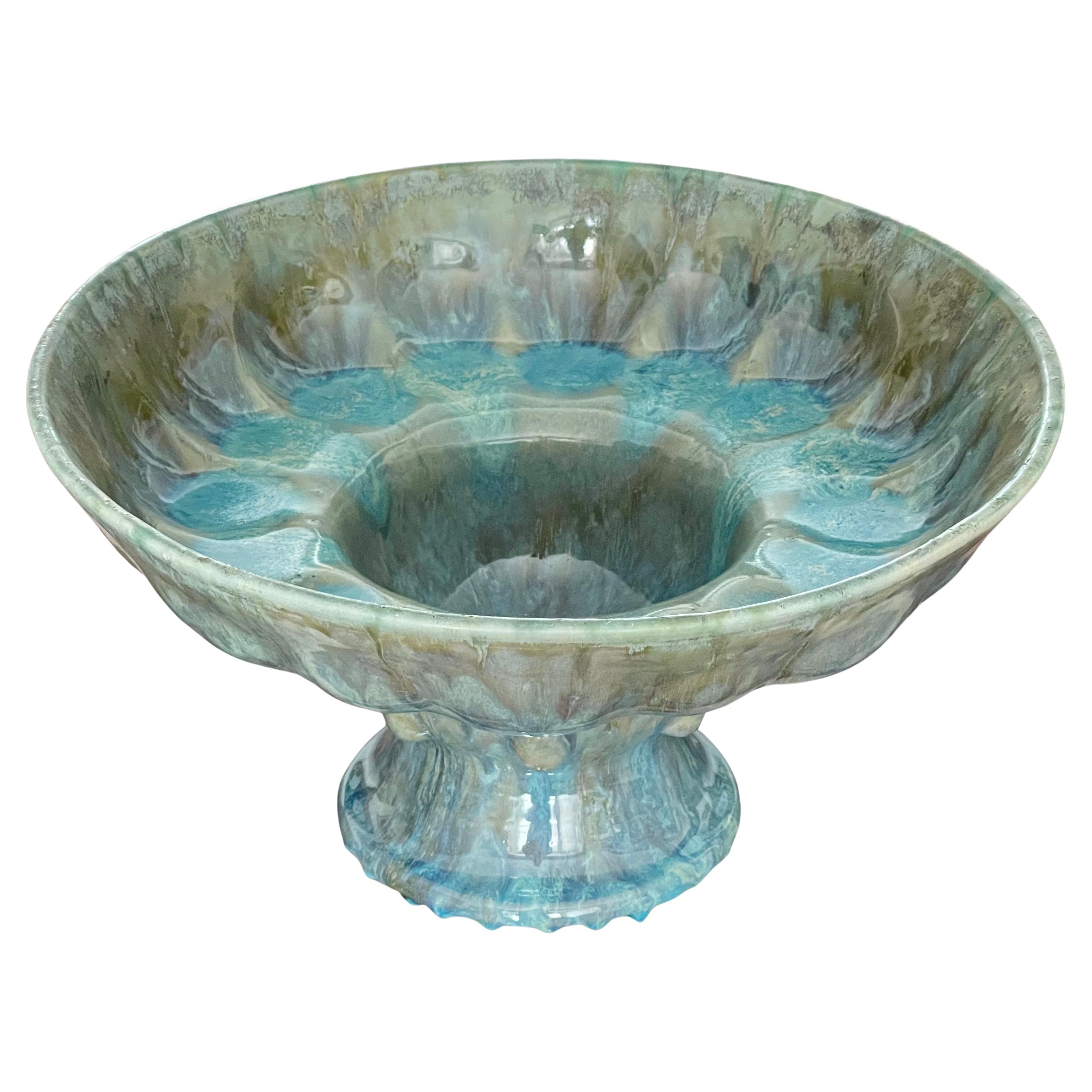 Turquoise Ceramic Pedestal Vessel Italian Contemporary Handmade Unique Piece For Sale