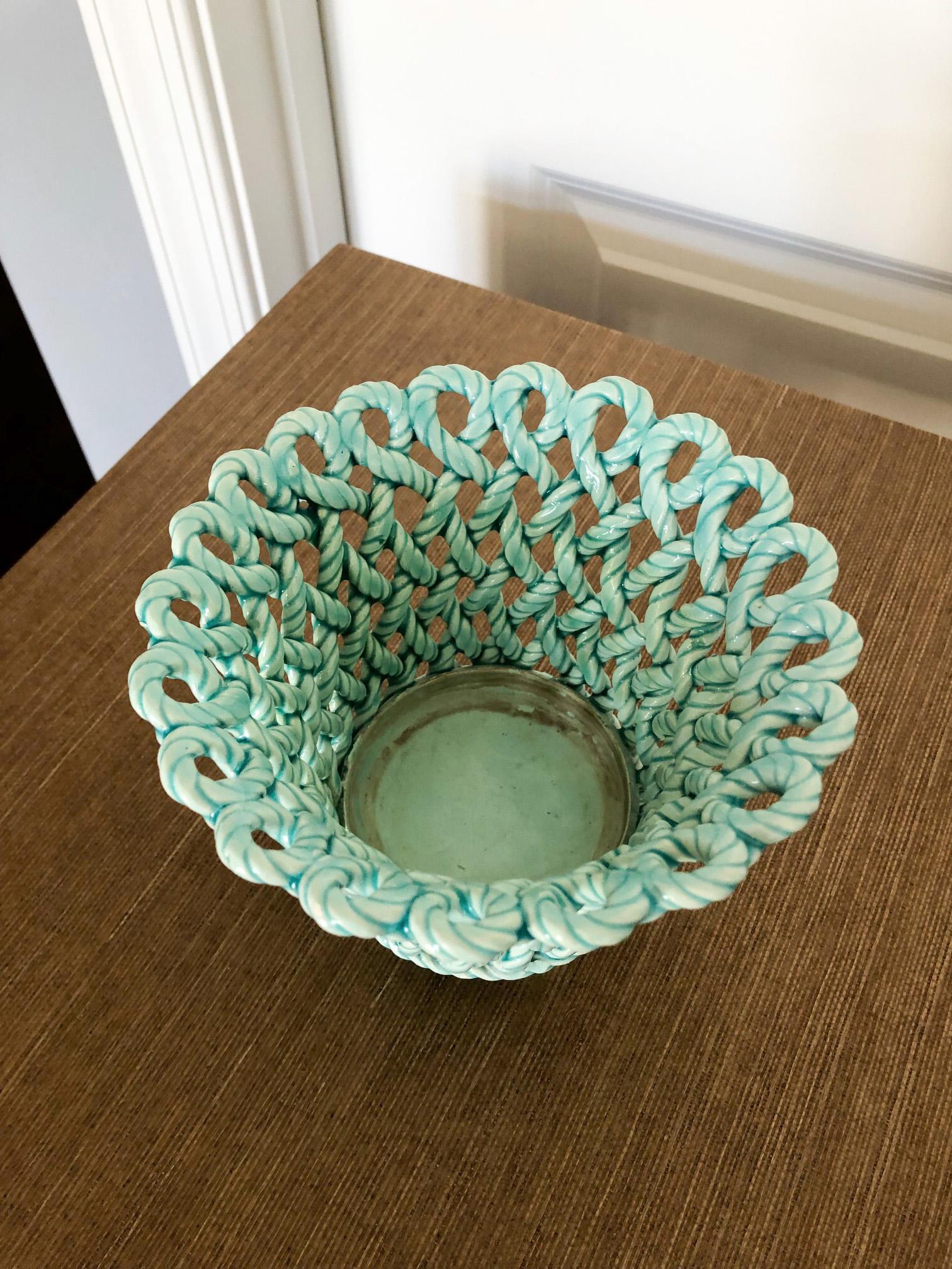 A lovely turquoise glazed ceramic cachepot, stamped Made in Spain. Holds a 3.5