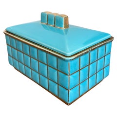 Boîte à fumer en céramique turquoise, dans le style de Mithé Espelt, années 1950