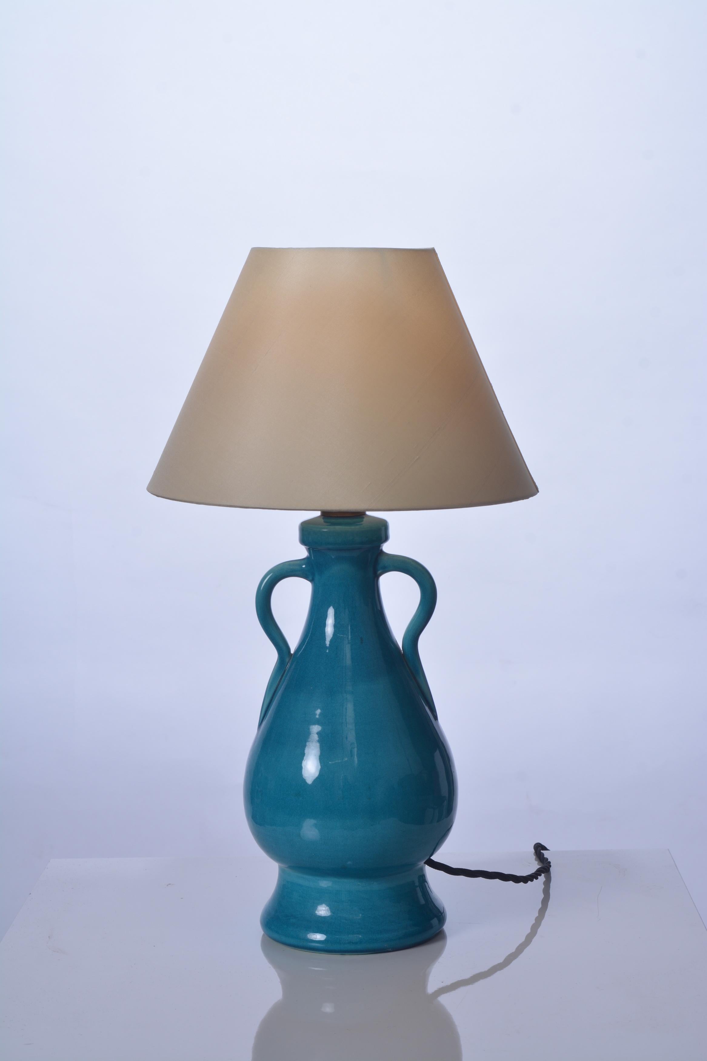 Modern Turquoise ceramic table lamp by Accolay, France c.1955 For Sale