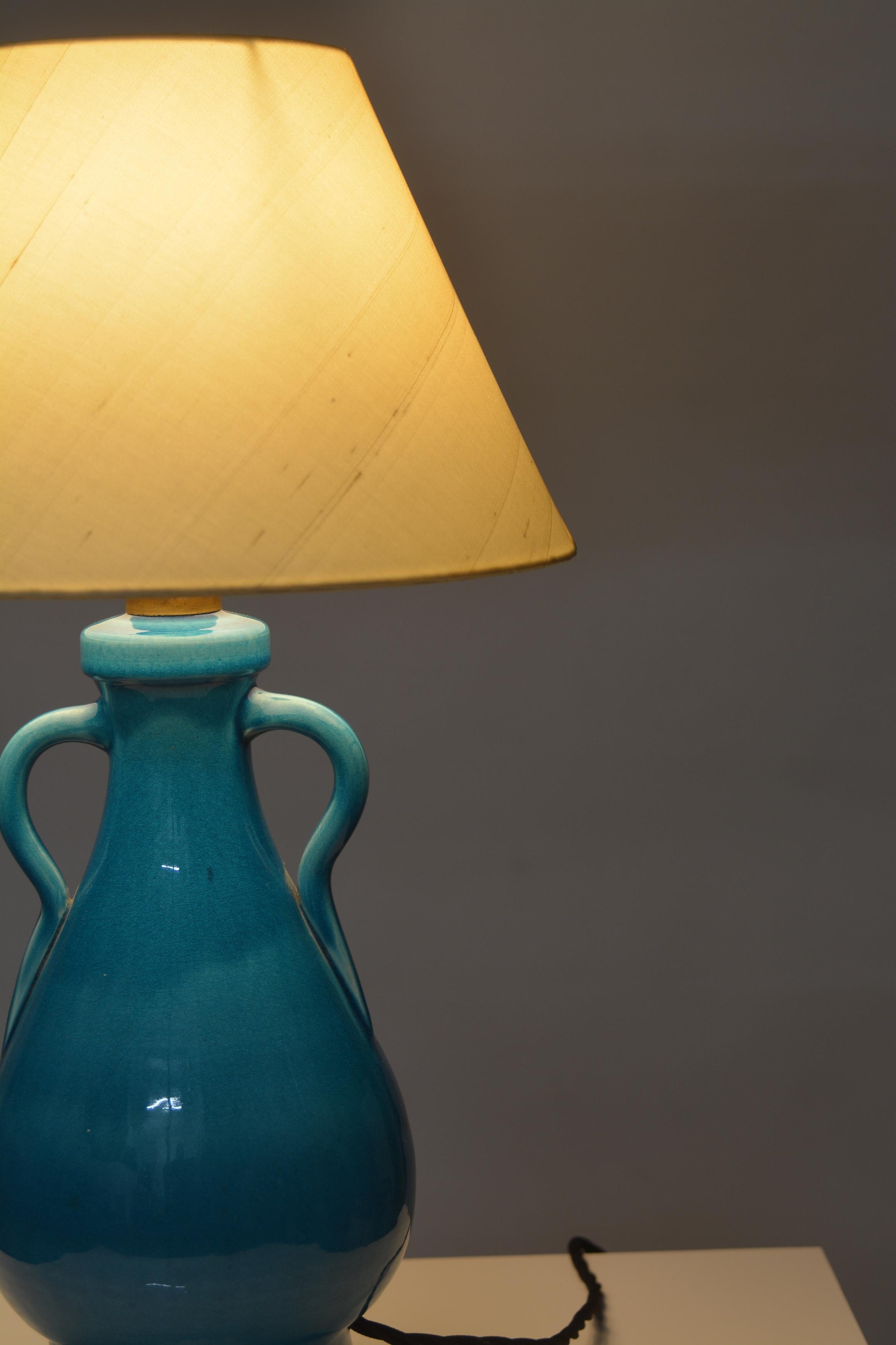 French Turquoise ceramic table lamp by Accolay, France c.1955 For Sale