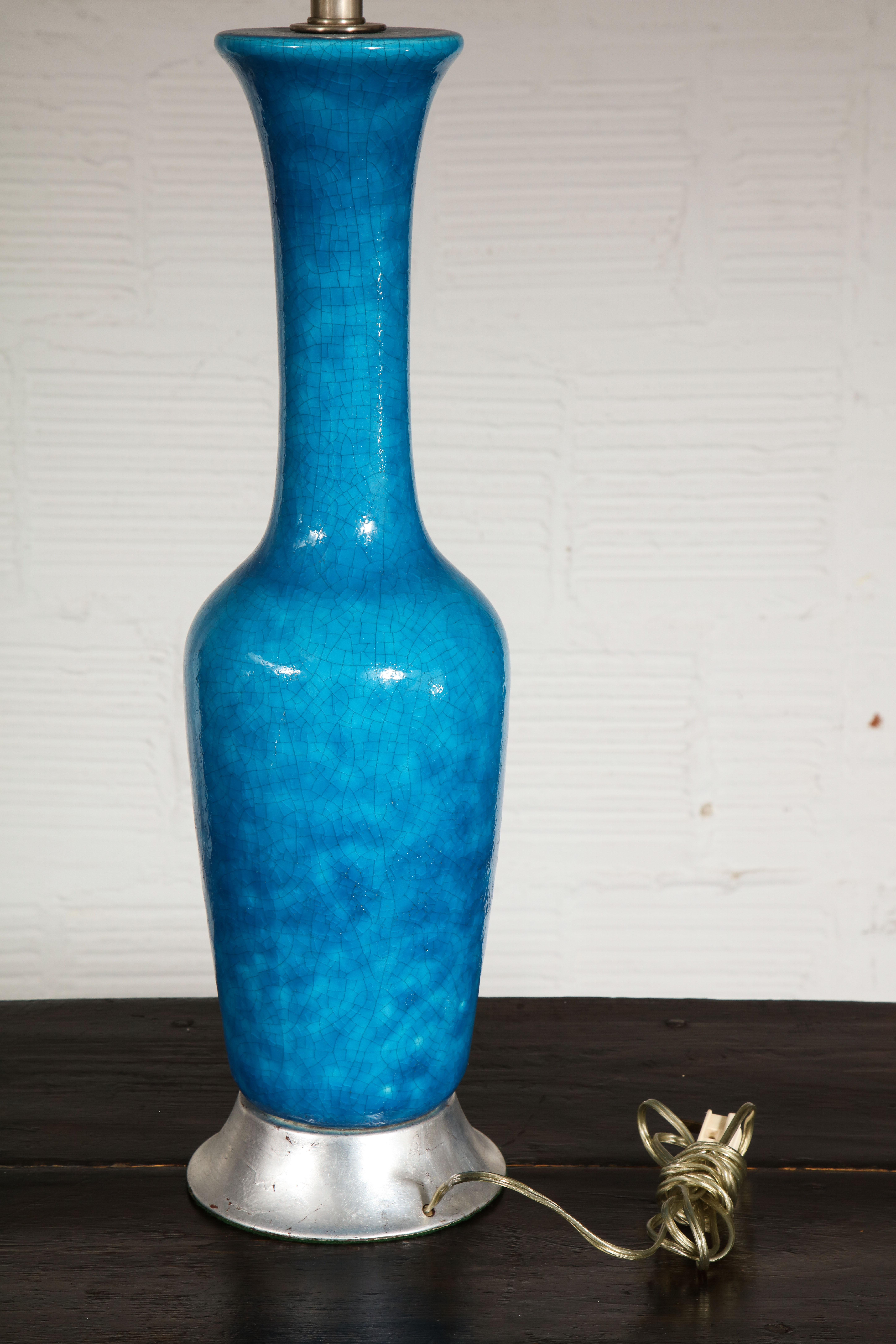 Turquoise Ceramic Vase as Lamp For Sale 3
