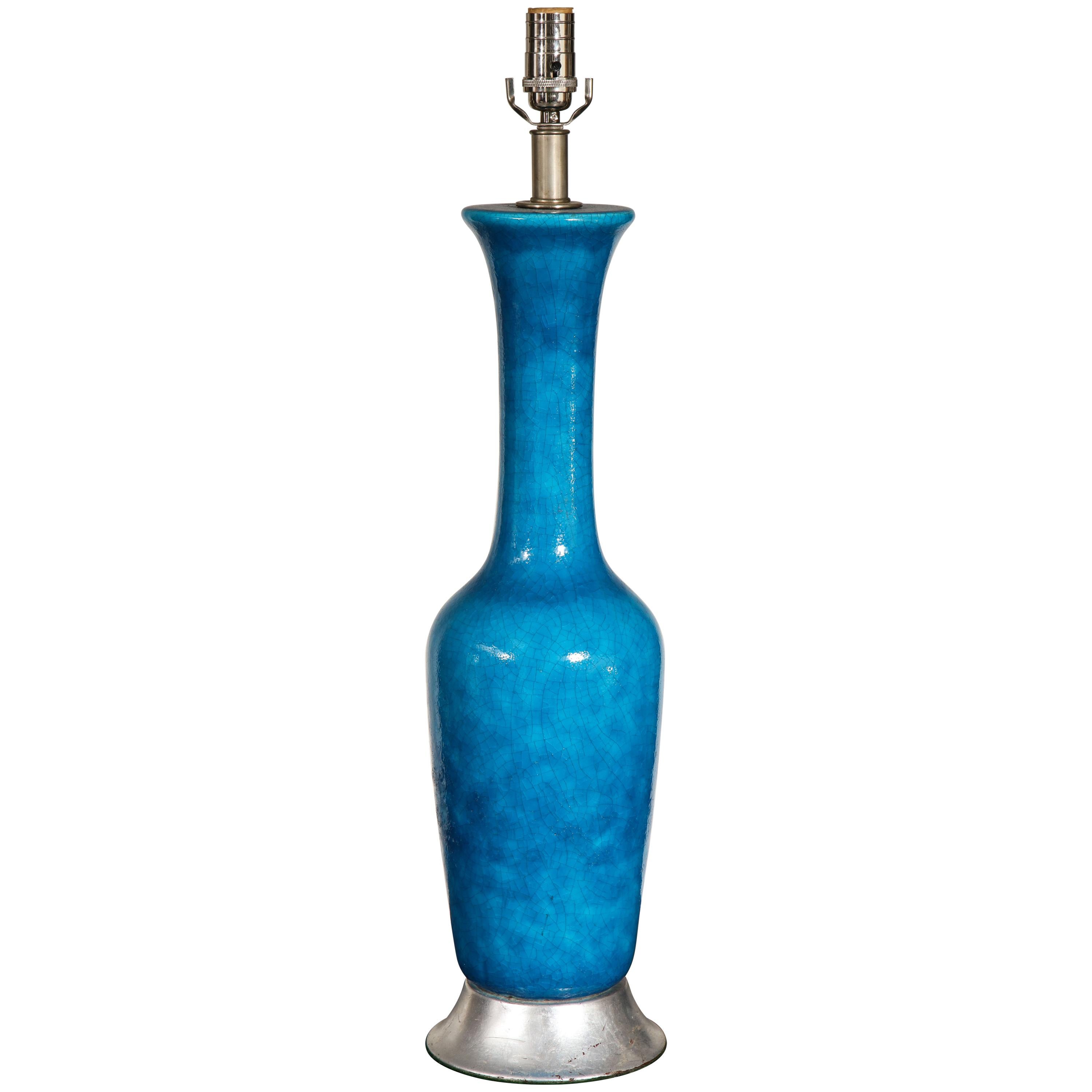 Turquoise Ceramic Vase as Lamp For Sale