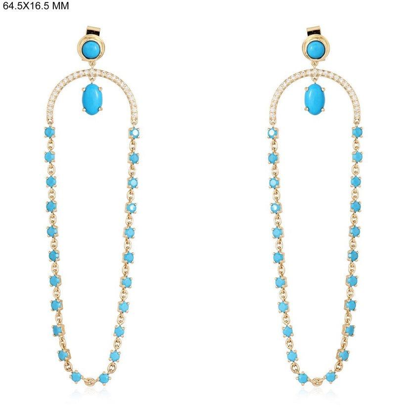 Turquoise Chain 14K Yellow Gold Drop Earrings In New Condition For Sale In Los Angeles, CA