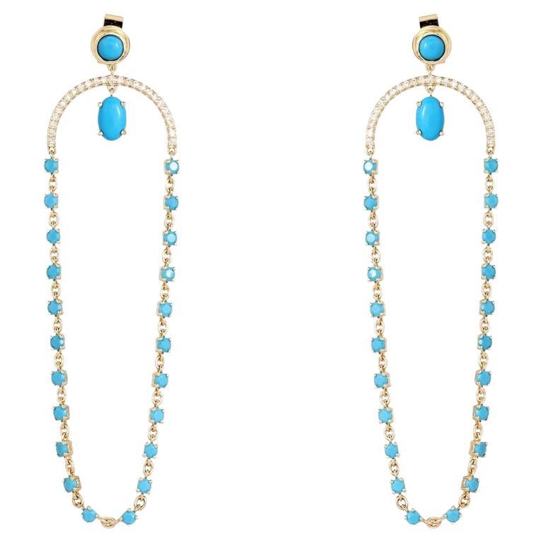Turquoise Chain 14K Yellow Gold Drop Earrings For Sale