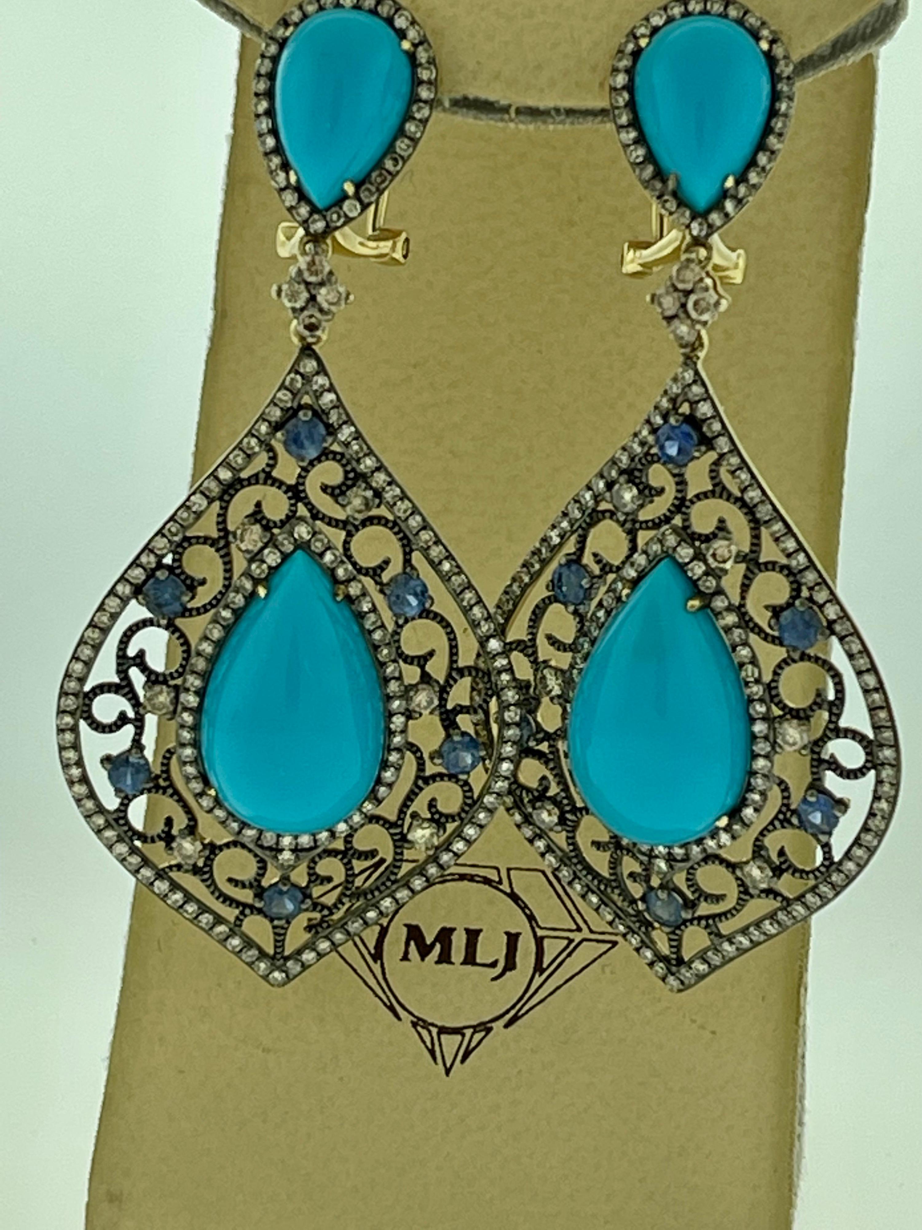 Cabochon Turquoise, Champagne Diamond & Sapphire Dangling Earring in 14 Karat Yellow Gold