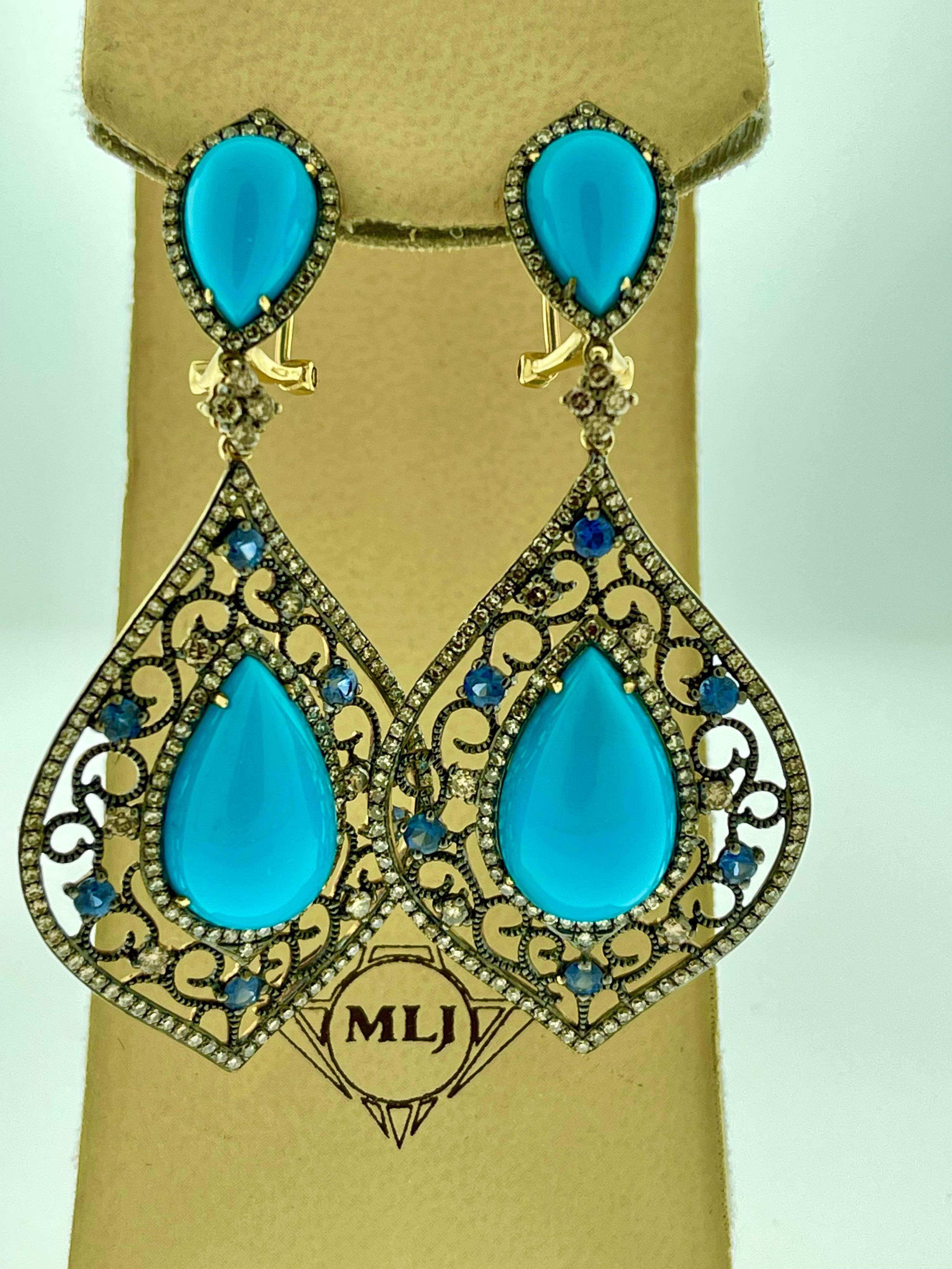 Turquoise, Champagne Diamond & Sapphire Dangling Earring in 14 Karat Yellow Gold In Excellent Condition In New York, NY